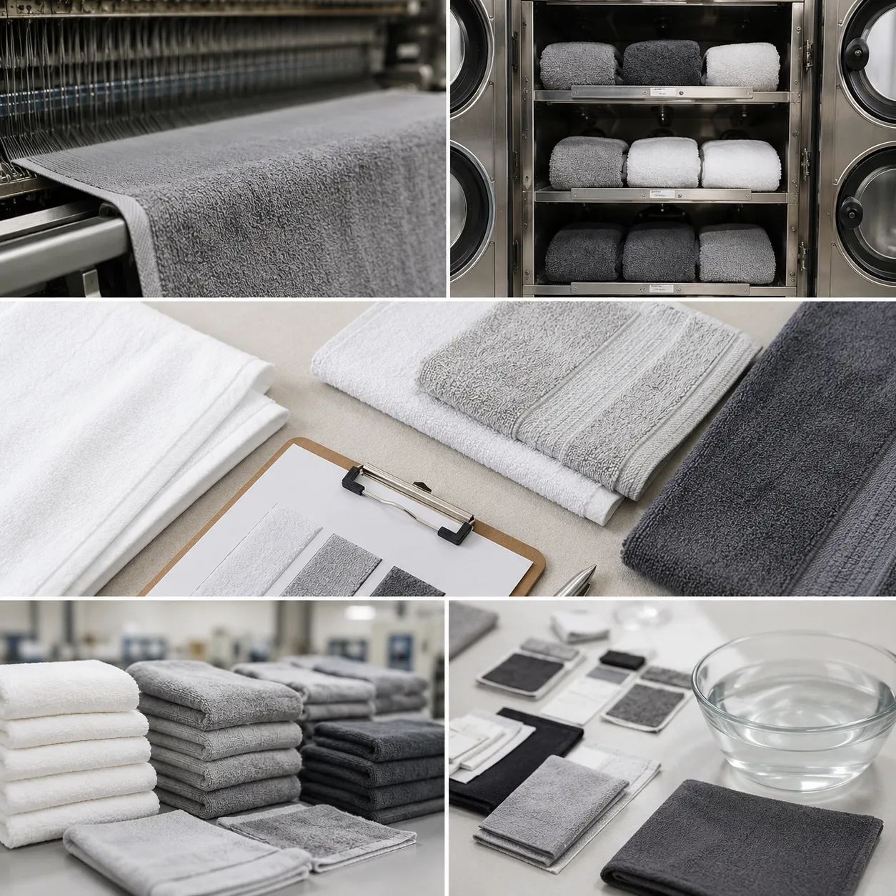 Gym towel durability sample approval process with wash test racks and QC checks in factory