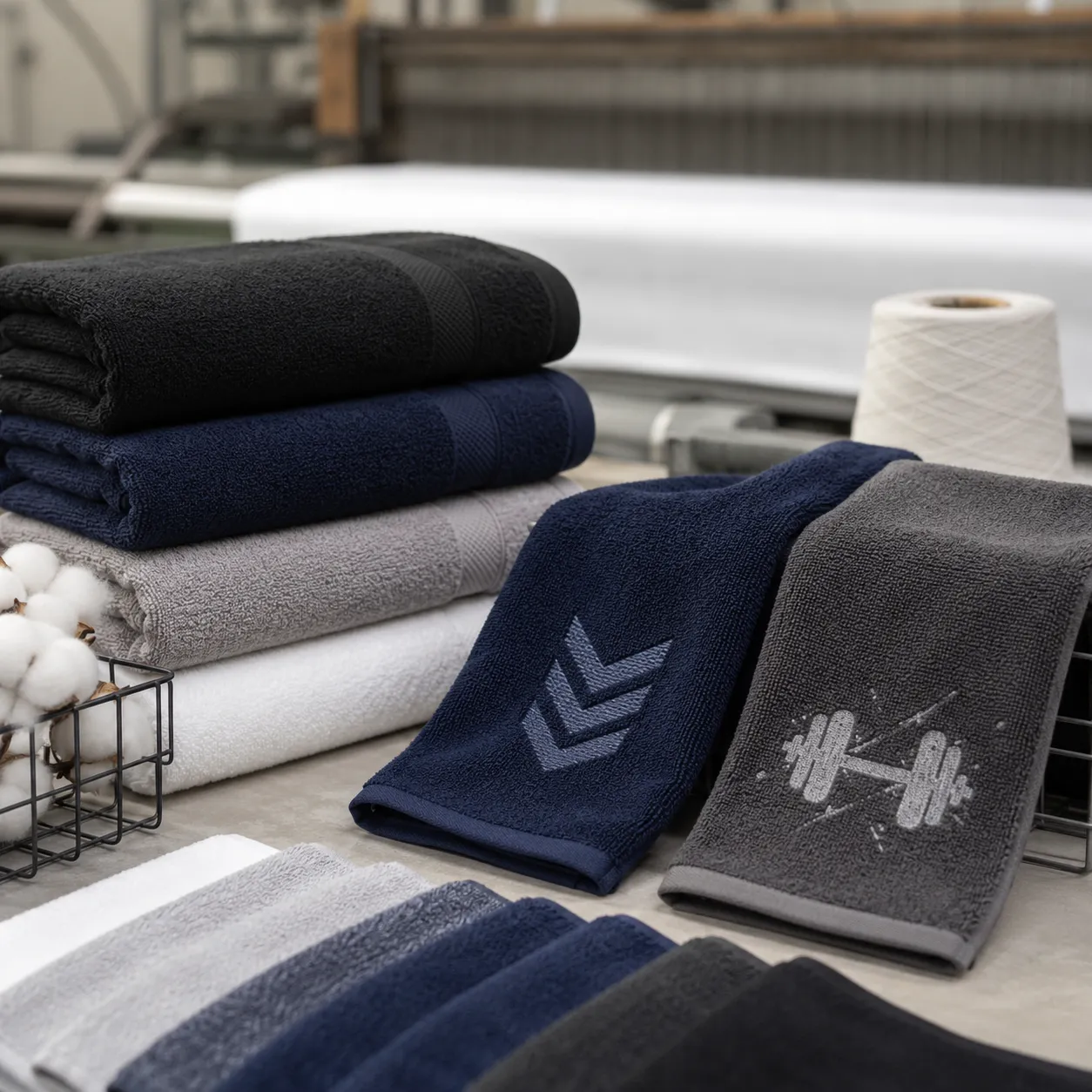 Gym towel durability logo decoration guide showing stitched and printed fitness towels after wash testing