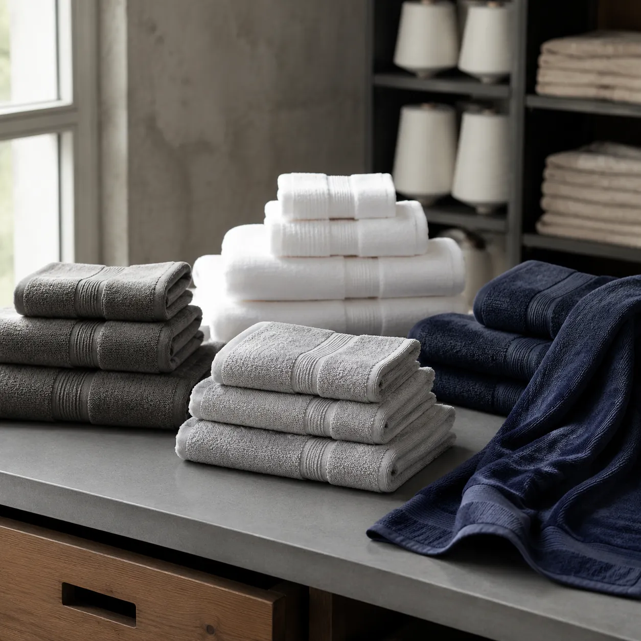 Folded gym towels showing gym towel size options for benches, sweat use, and locker rooms