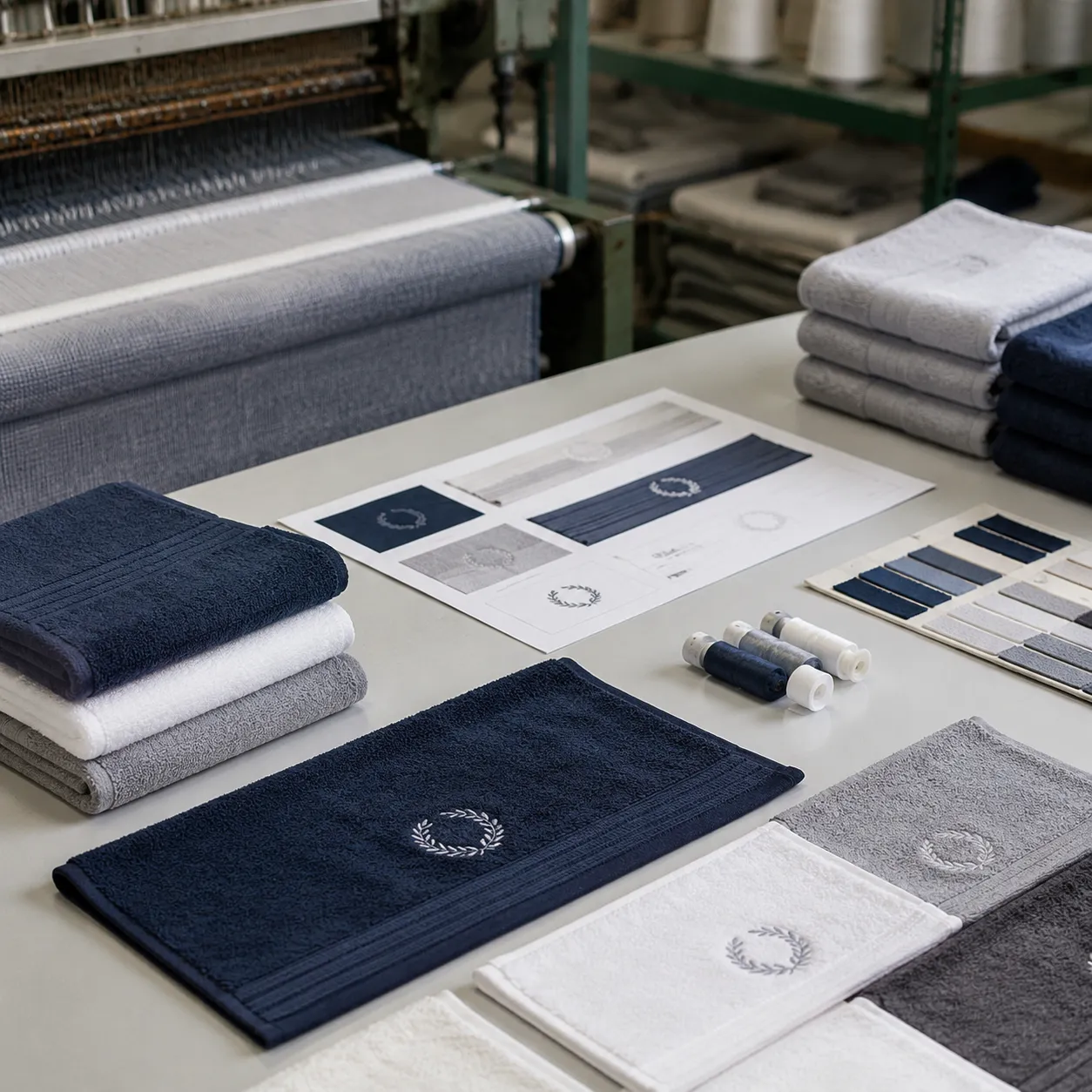 Factory embroidery sampling table used to design hand towels with logo placement and border checks