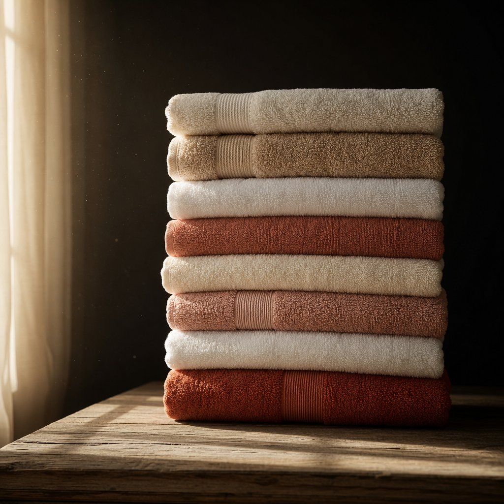Stack of premium custom-logo hotel towels in ivory and terracotta tones on a light oak surface