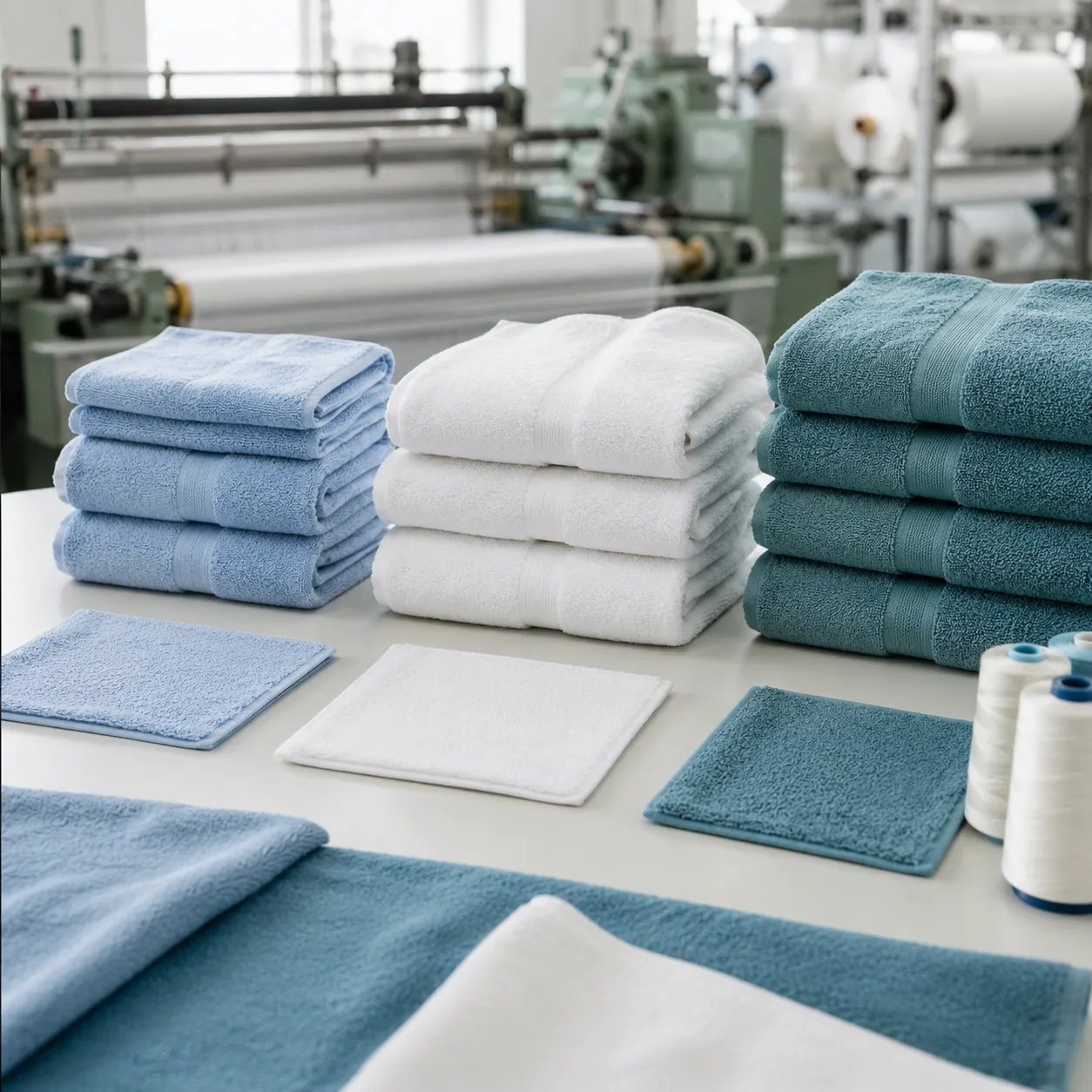 Hospital towel gsm comparison on a factory inspection table for medical linen procurement teams