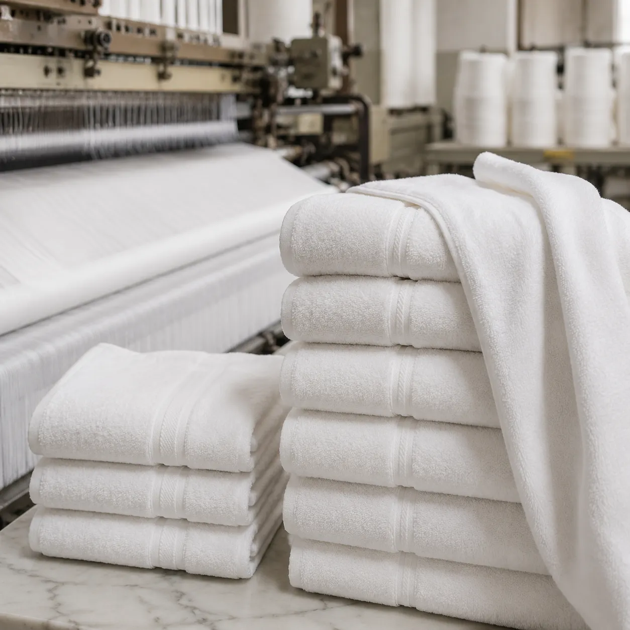 Hotel bath towel bulk pricing model shown with stacked white hotel towels during mill costing