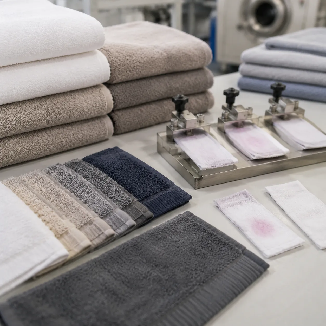Hotel bath towel colorfastness test protocol samples checked after wash and crocking tests