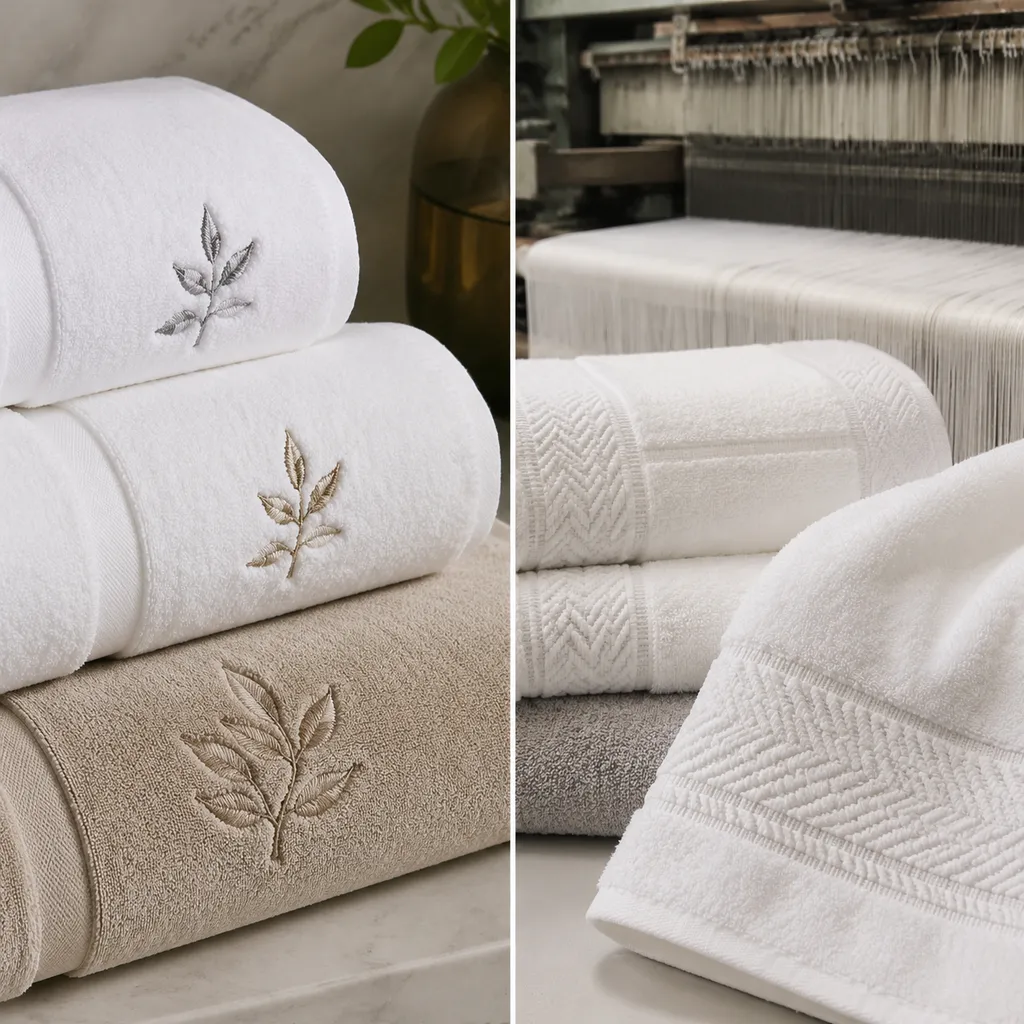 Hotel bath towel logo decoration comparison showing embroidery and woven logo options for OEM buyers