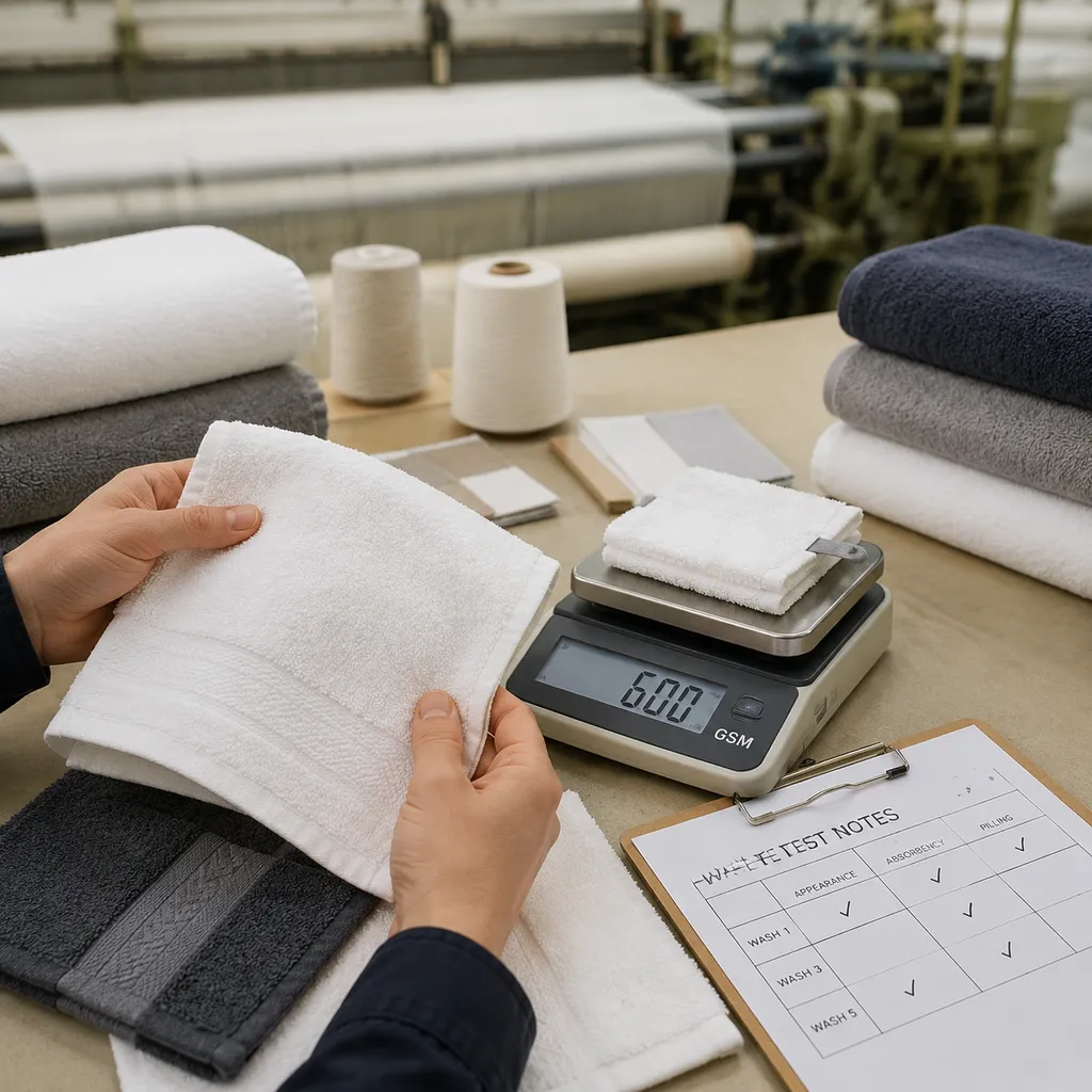 Inspector checking hotel bath towel sample approval workflow with GSM scale and wash test notes