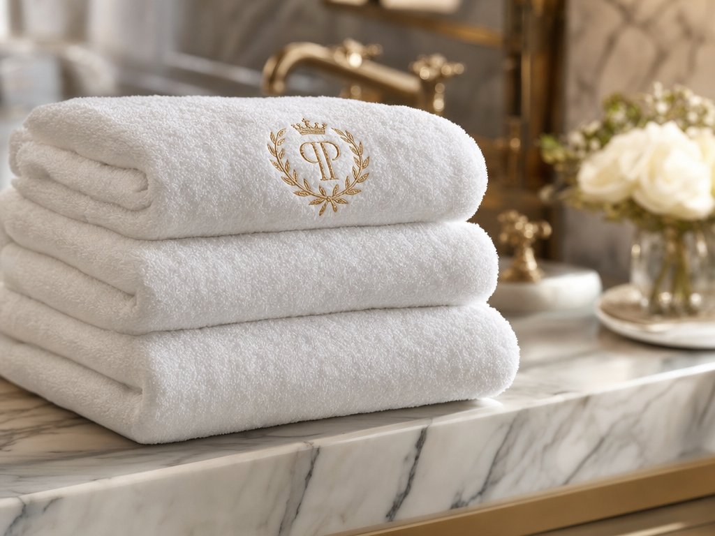 Custom-embroidered white hotel bath towels stacked on marble shelf — five-star hospitality