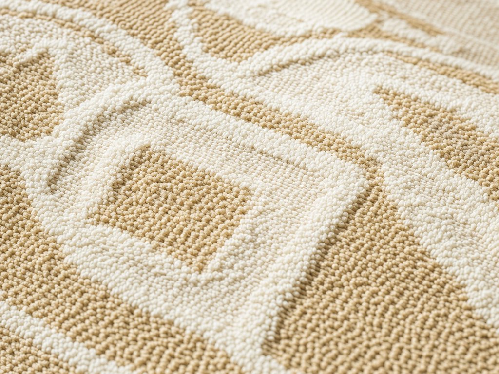 Intricate two-tone jacquard woven geometric pattern on cream luxury bath towel macro detail