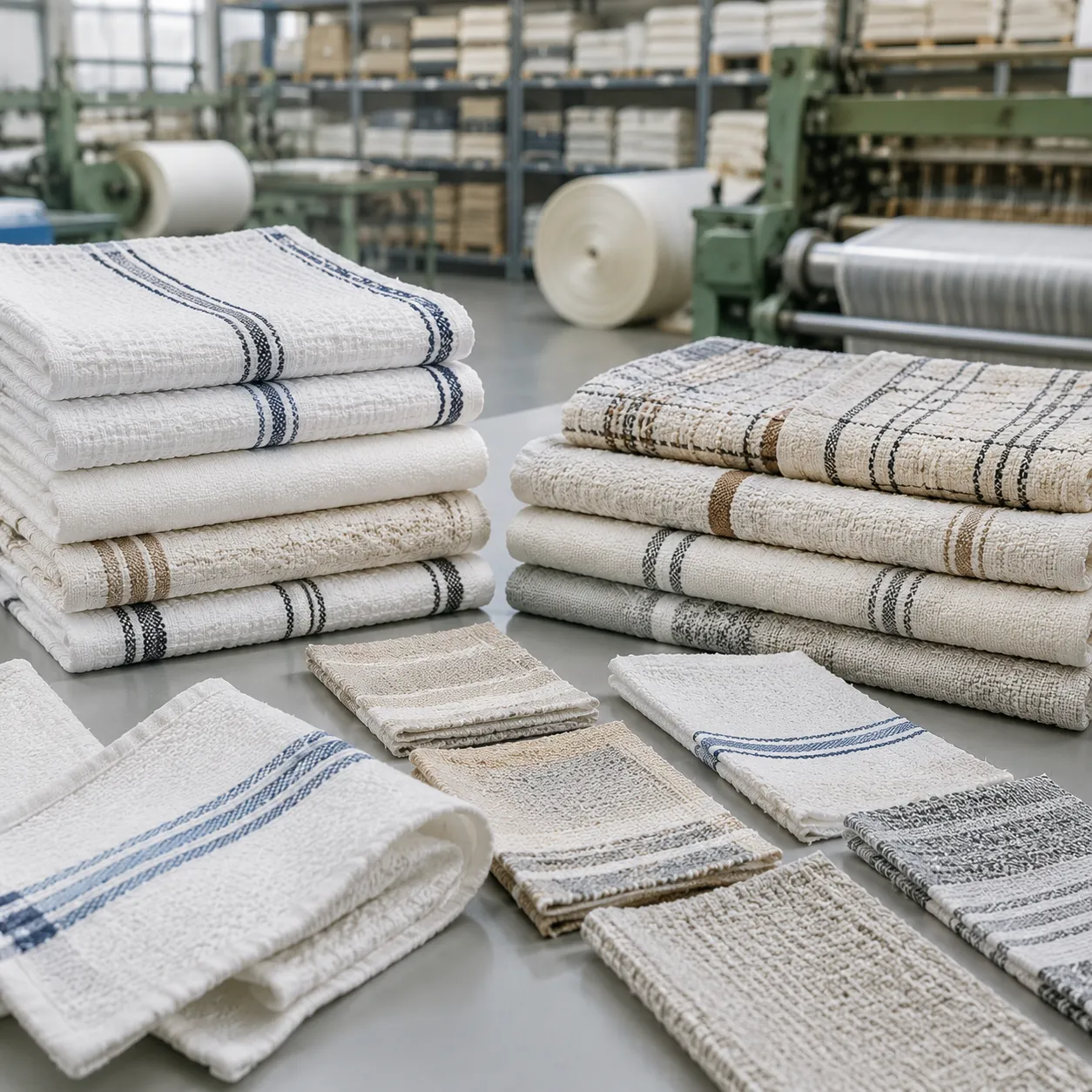 Factory QC table comparing utopia towels kitchen bar mops with OEM cotton bar mop samples