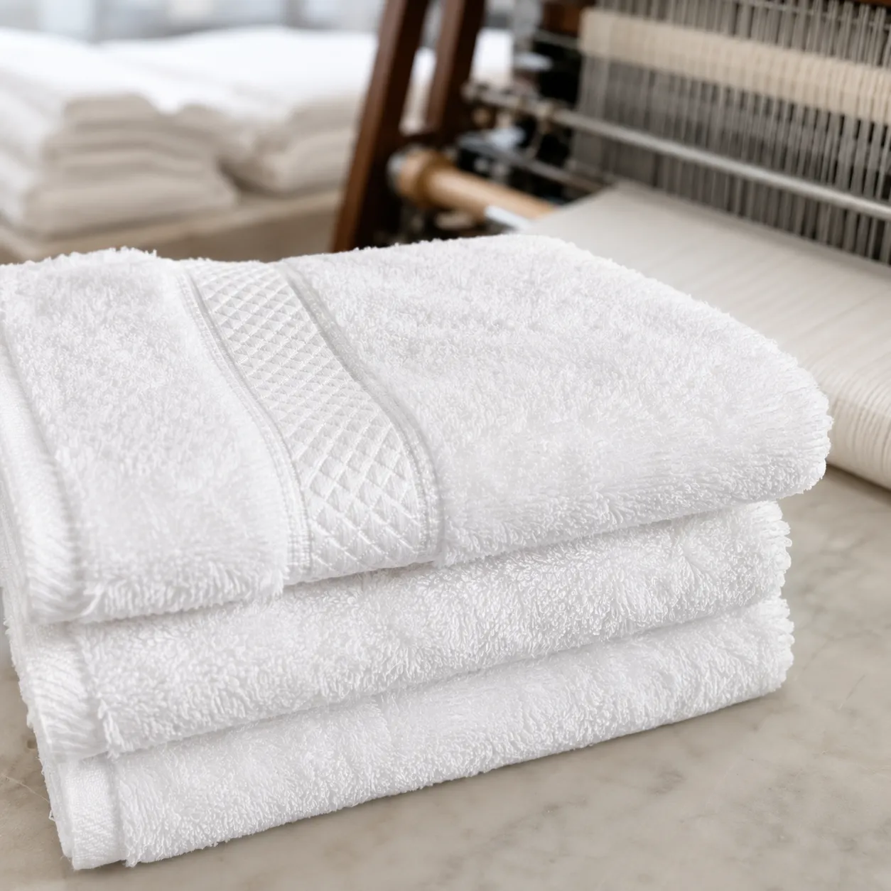 Stacked luxury washcloths in hotel white showing dense pile, neat hems, and custom OEM construction