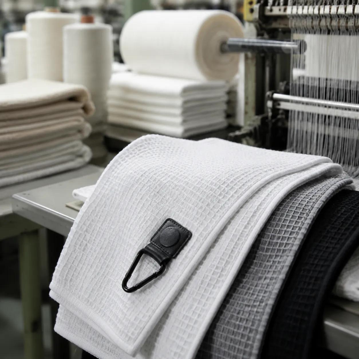 Factory QC check for best magnetic golf towel with waffle microfiber and embedded magnet clip