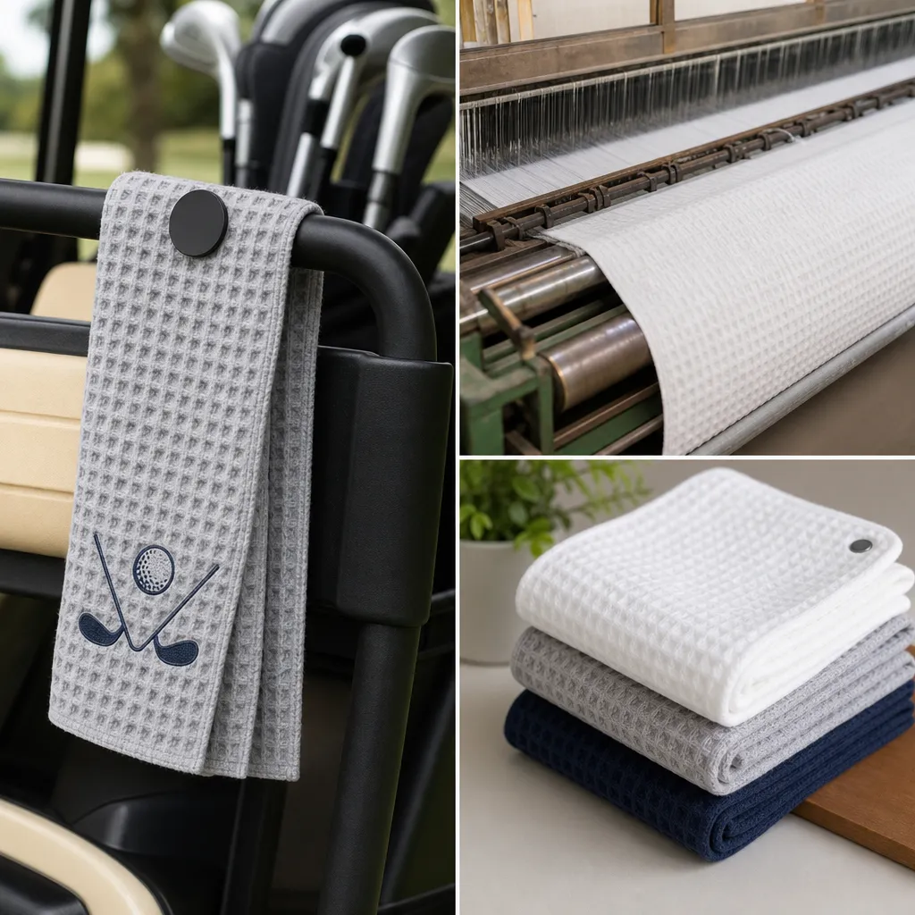 stick it golf towel on a cart rail with waffle fabric, hidden magnet, and embroidered club logo