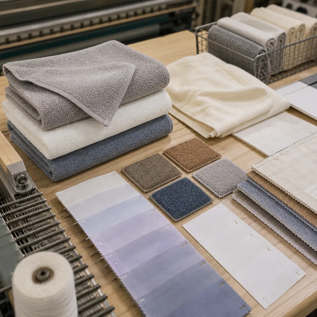 microfiber towels for body in OEM sampling with edge seams, GSM swatches, and color lab dips