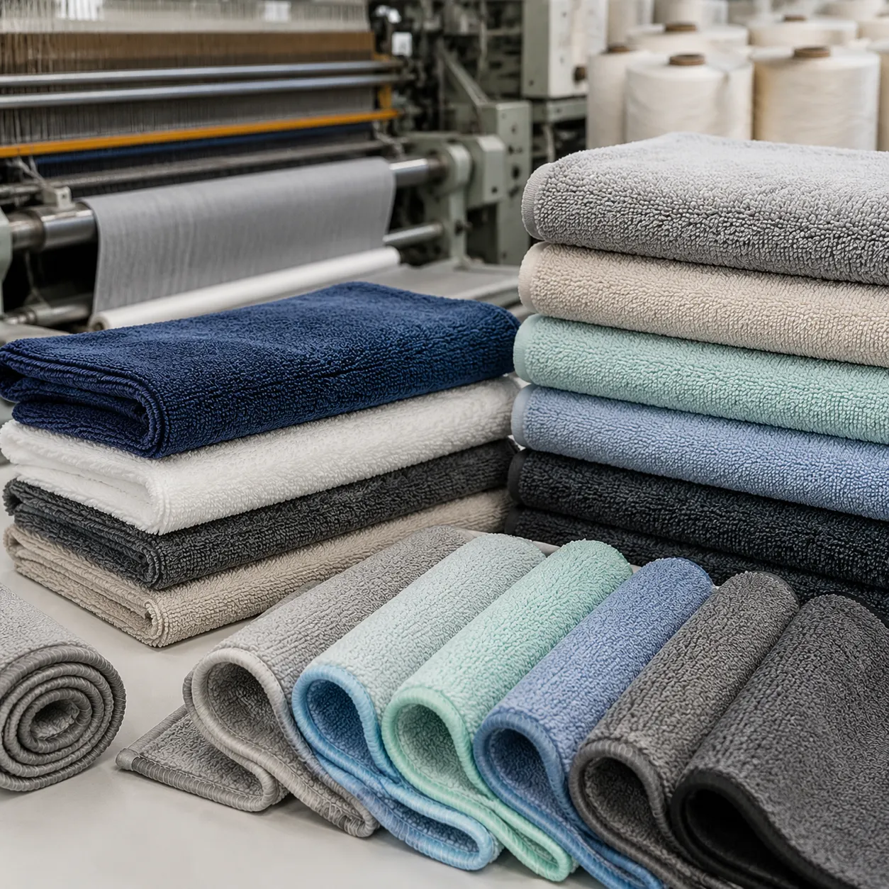 Factory stack of microfiber cleaning towels showing bulk pricing model variables like GSM and edging