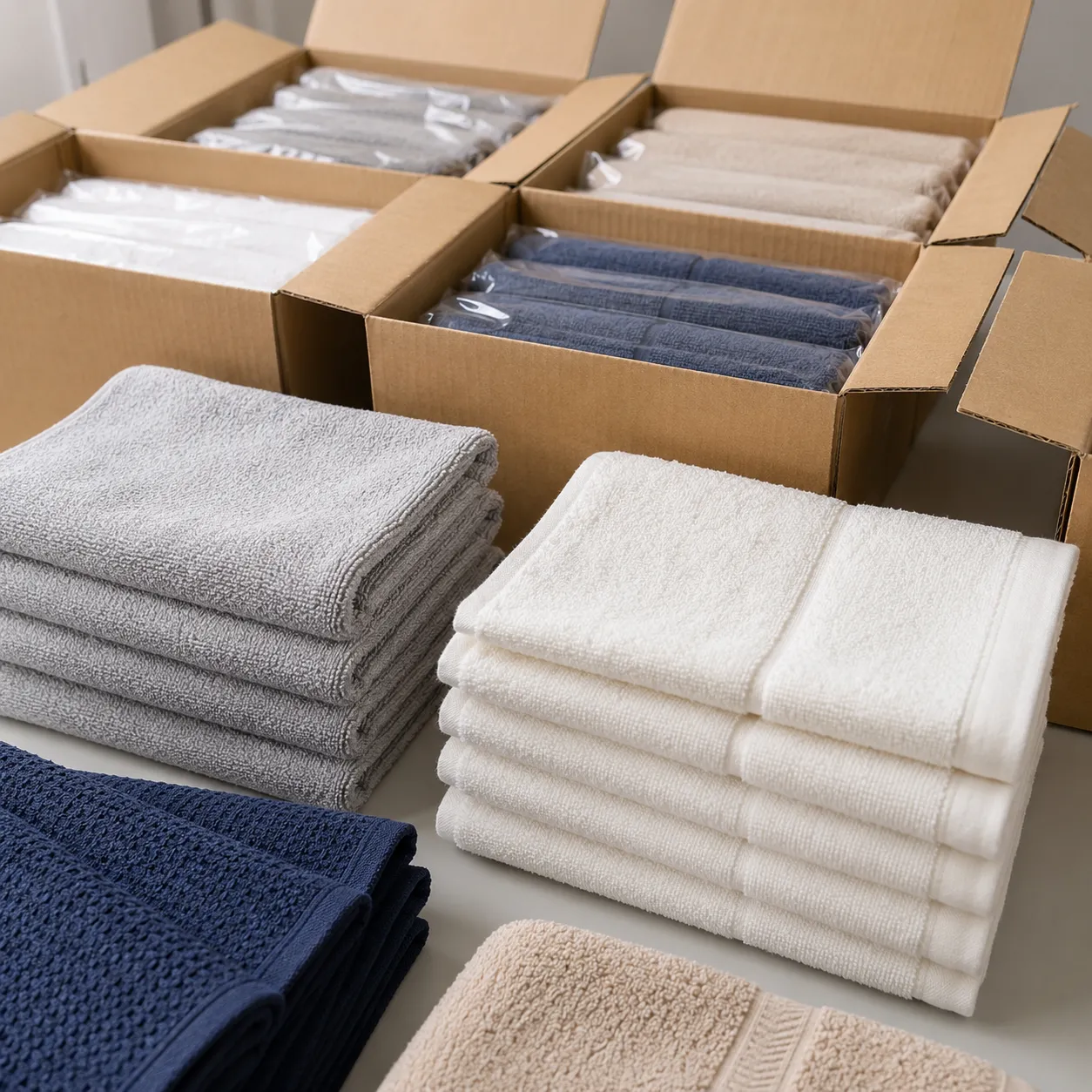 Microfiber vs cotton towel export carton checklist showing packed OEM towels before shipment