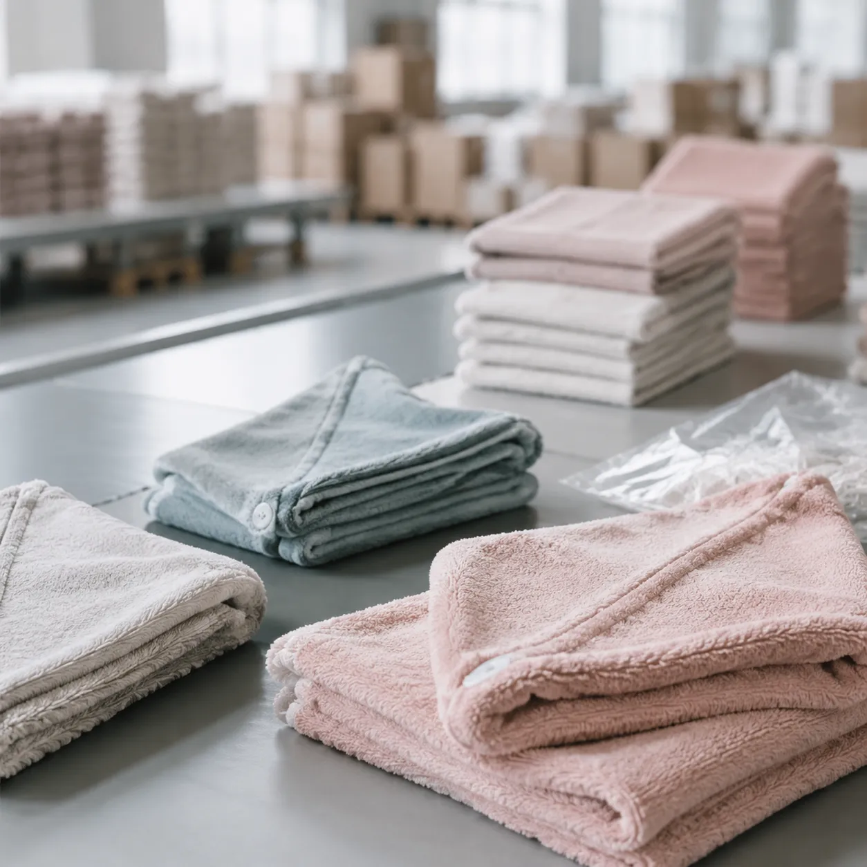microfiber hair towel qc inspection before shipment on factory packing line