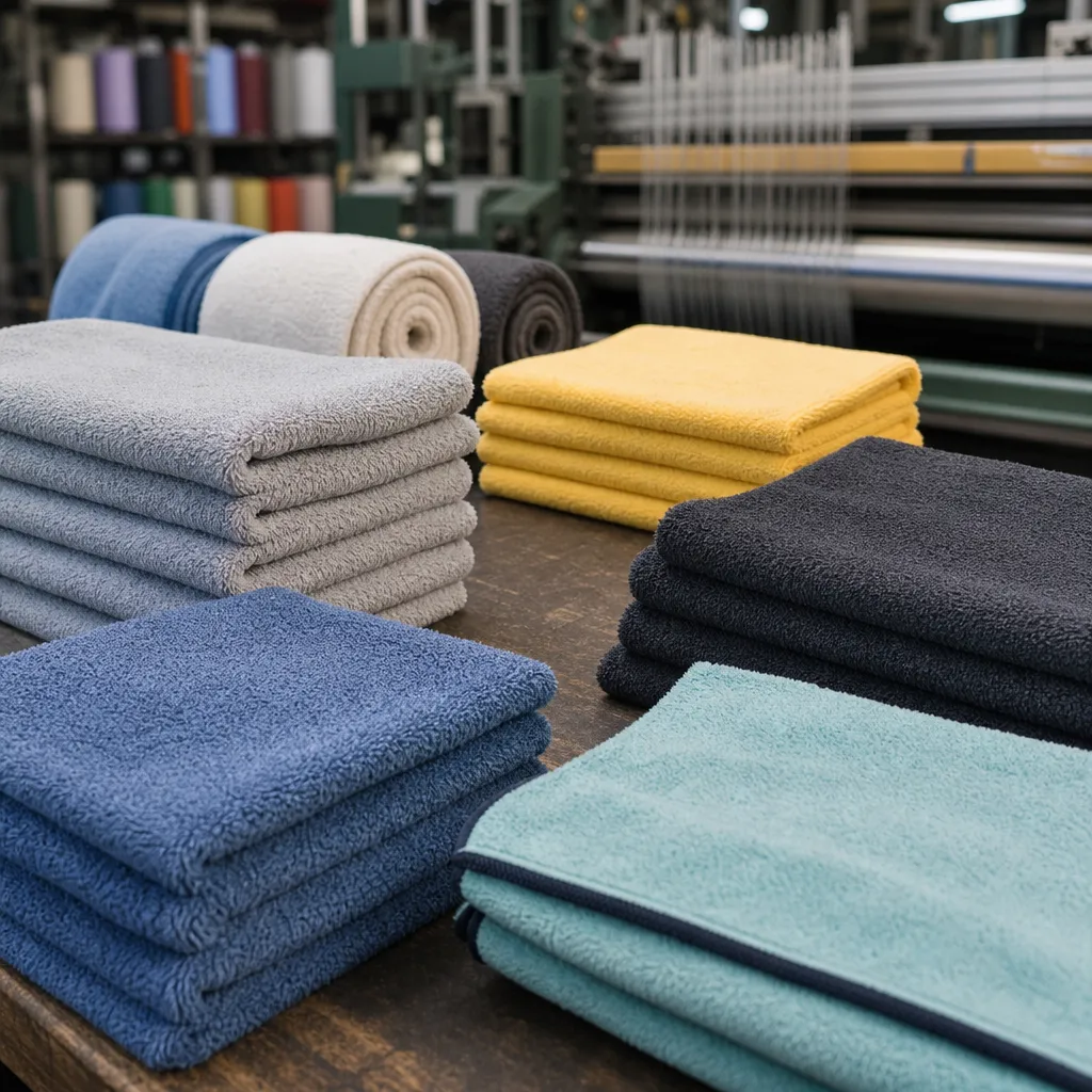 Microfiber towels for cars in stacked GSM samples for car wash and detailing buyers