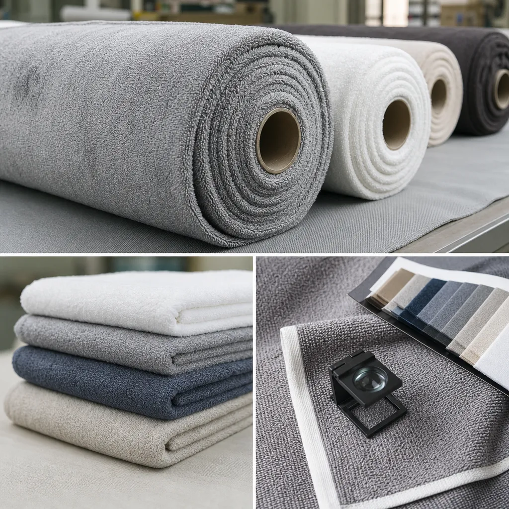 Microfiber wholesale towel rolls and finished OEM towels checked for GSM, split ratio, and stitching