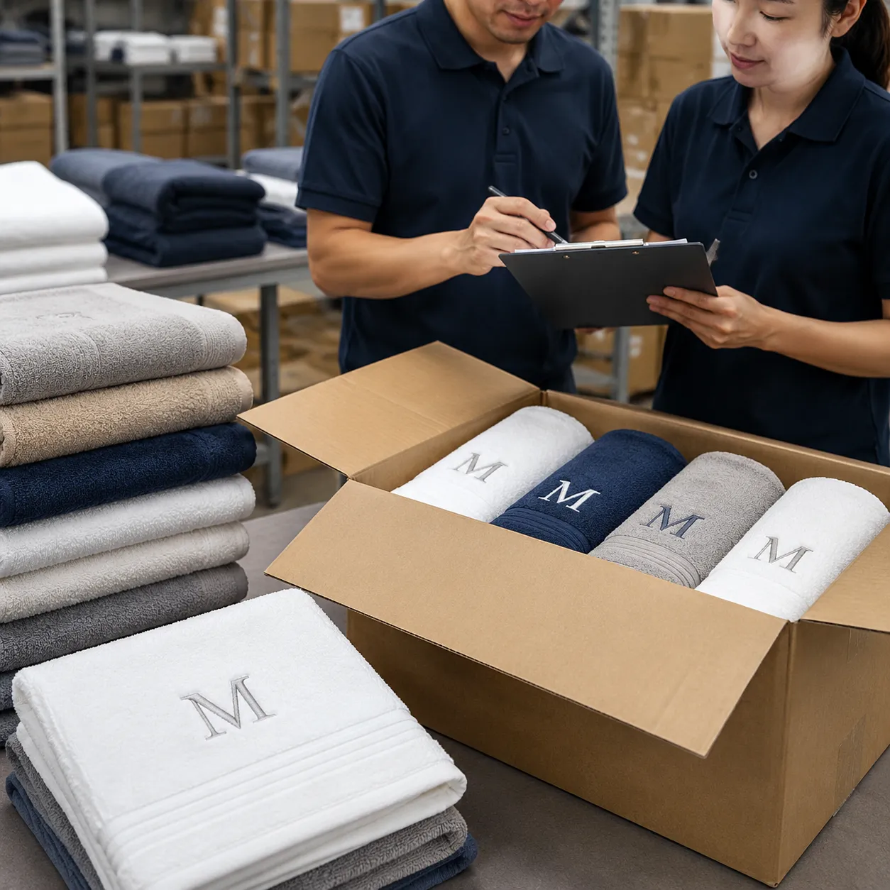 Factory team checking monogrammed bath towels export carton checklist before sealing cartons