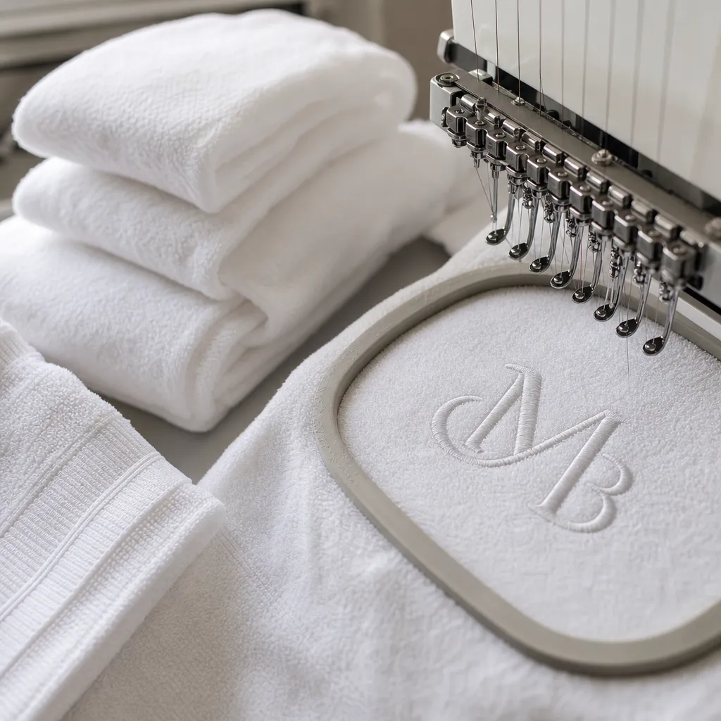 Monogram hand towels being embroidered with tonal thread for hotel and retail sourcing programs