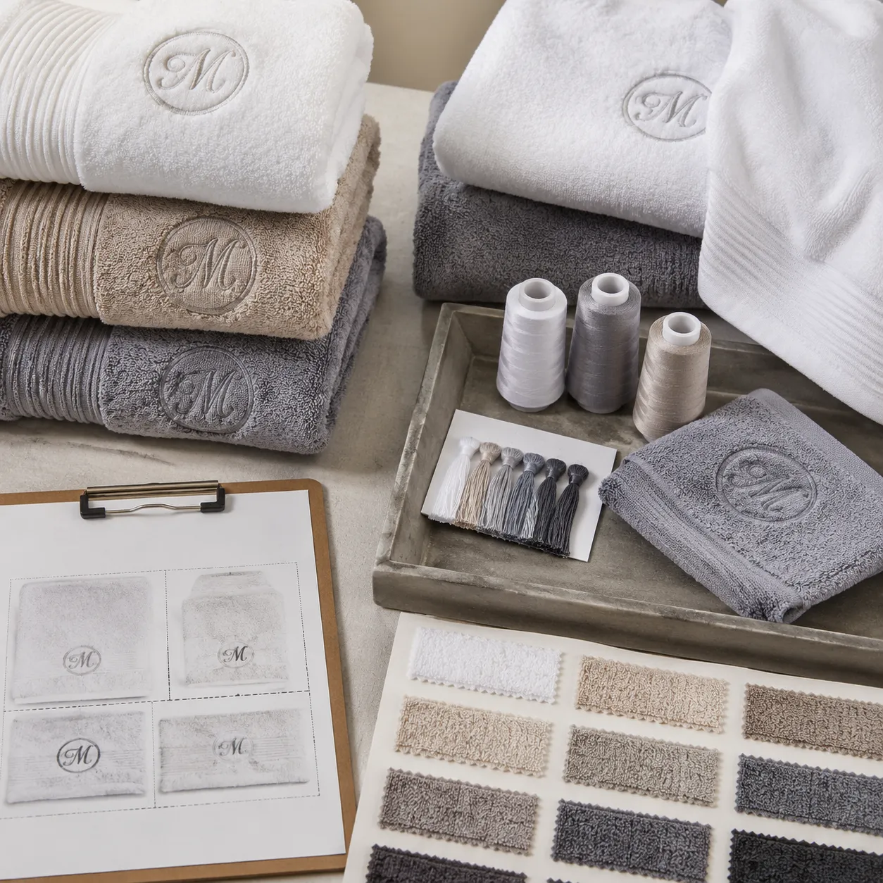 Monogrammed bath towels sample approval process with embroidery placement, thread matching, and wash testing