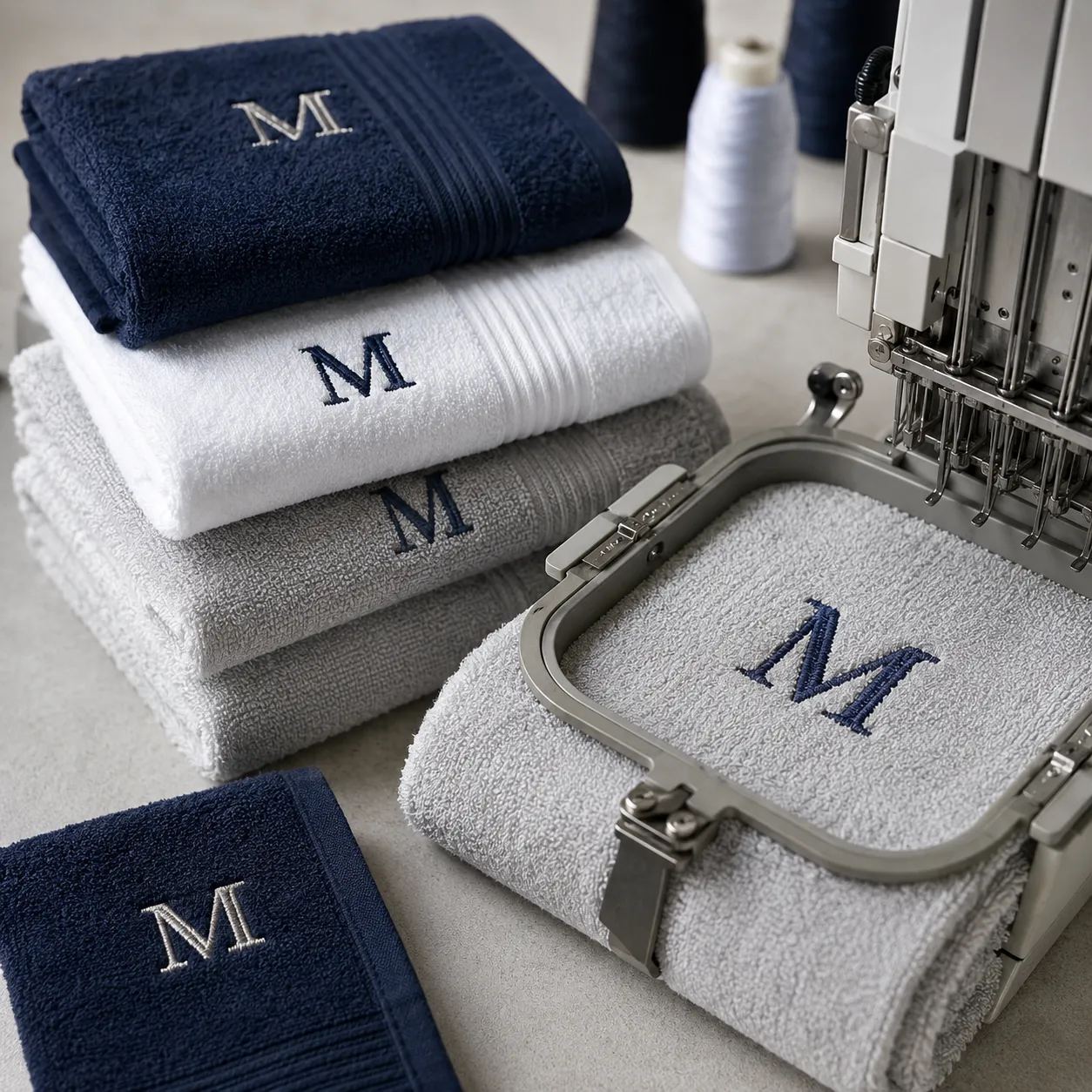 Embroidery frame testing monogrammed washcloths for bulk cotton face towel production
