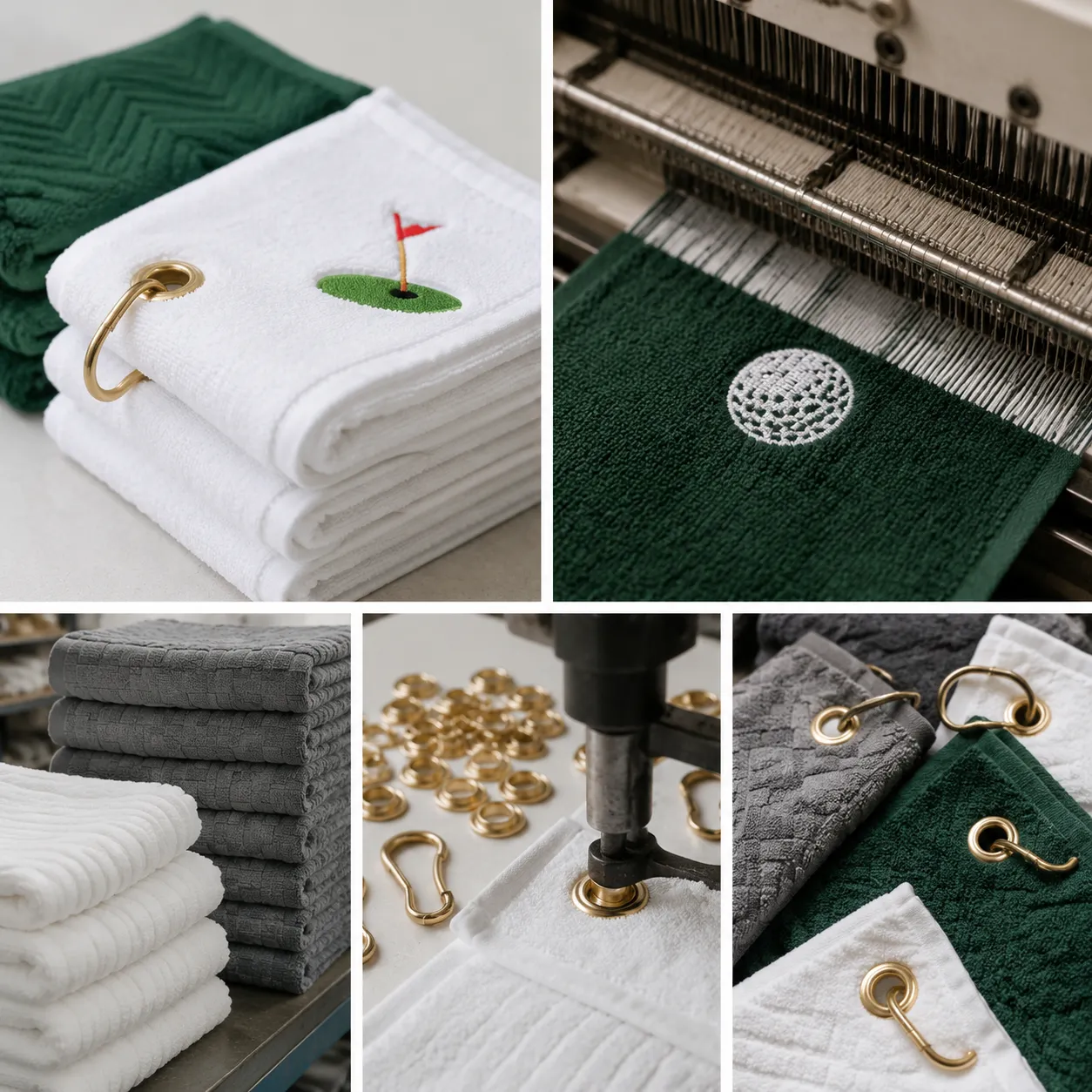 Personalized golf towels bulk order in production with embroidery panels, grommet setting, and bag clip hardware