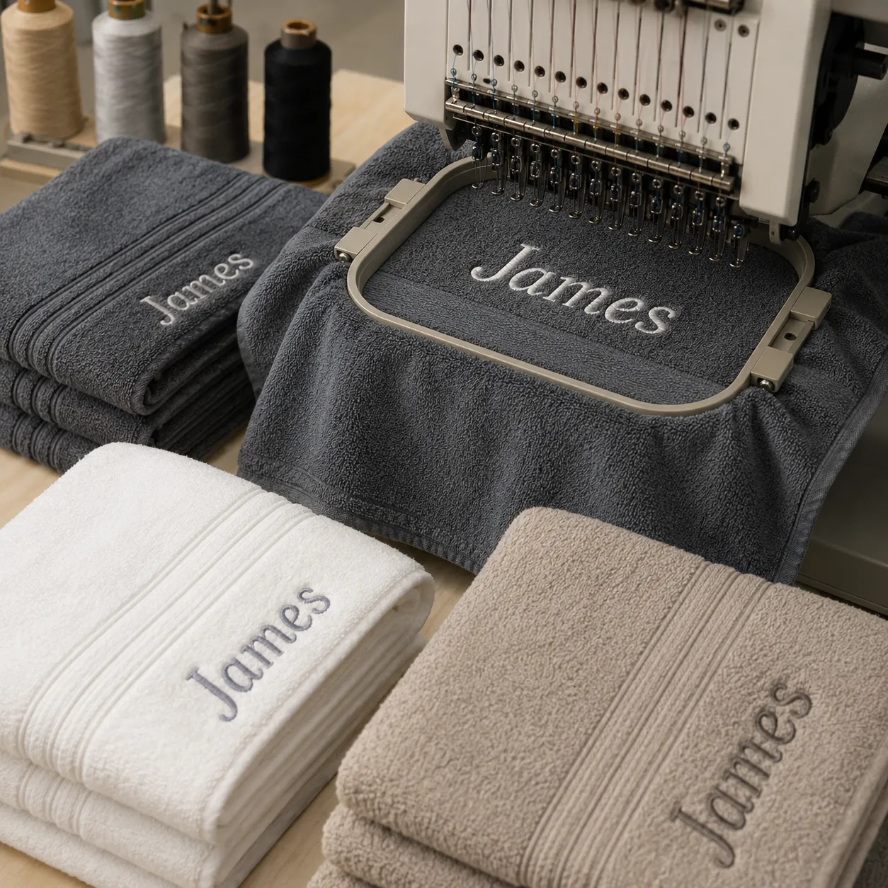 Embroidery frame setting up custom towels with name for a bulk OEM personalization order
