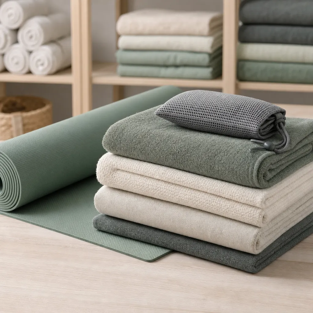 Custom towel kit folded beside a jade yoga mat for studio retail and hot yoga sourcing review
