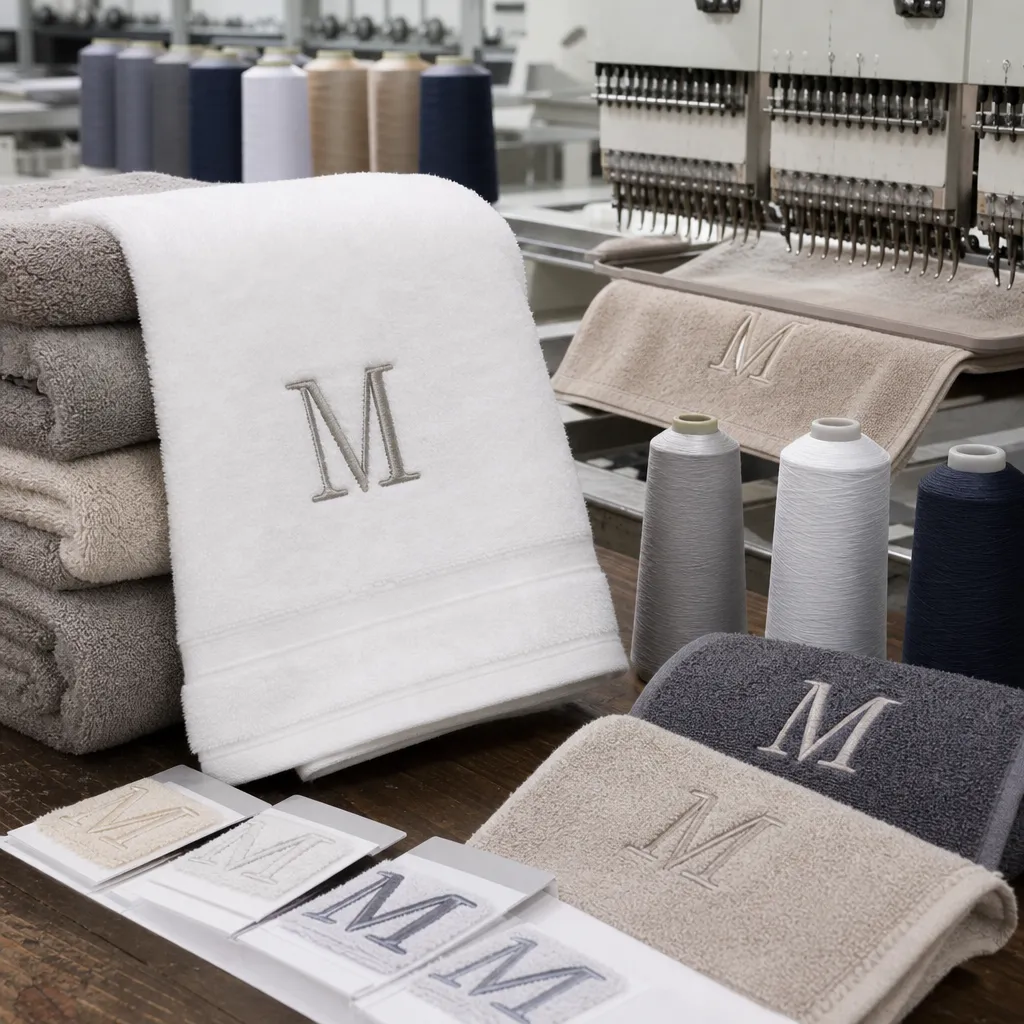 Factory embroidery setup for monogram bath towels with cotton terry, thread cones, and stitch samples