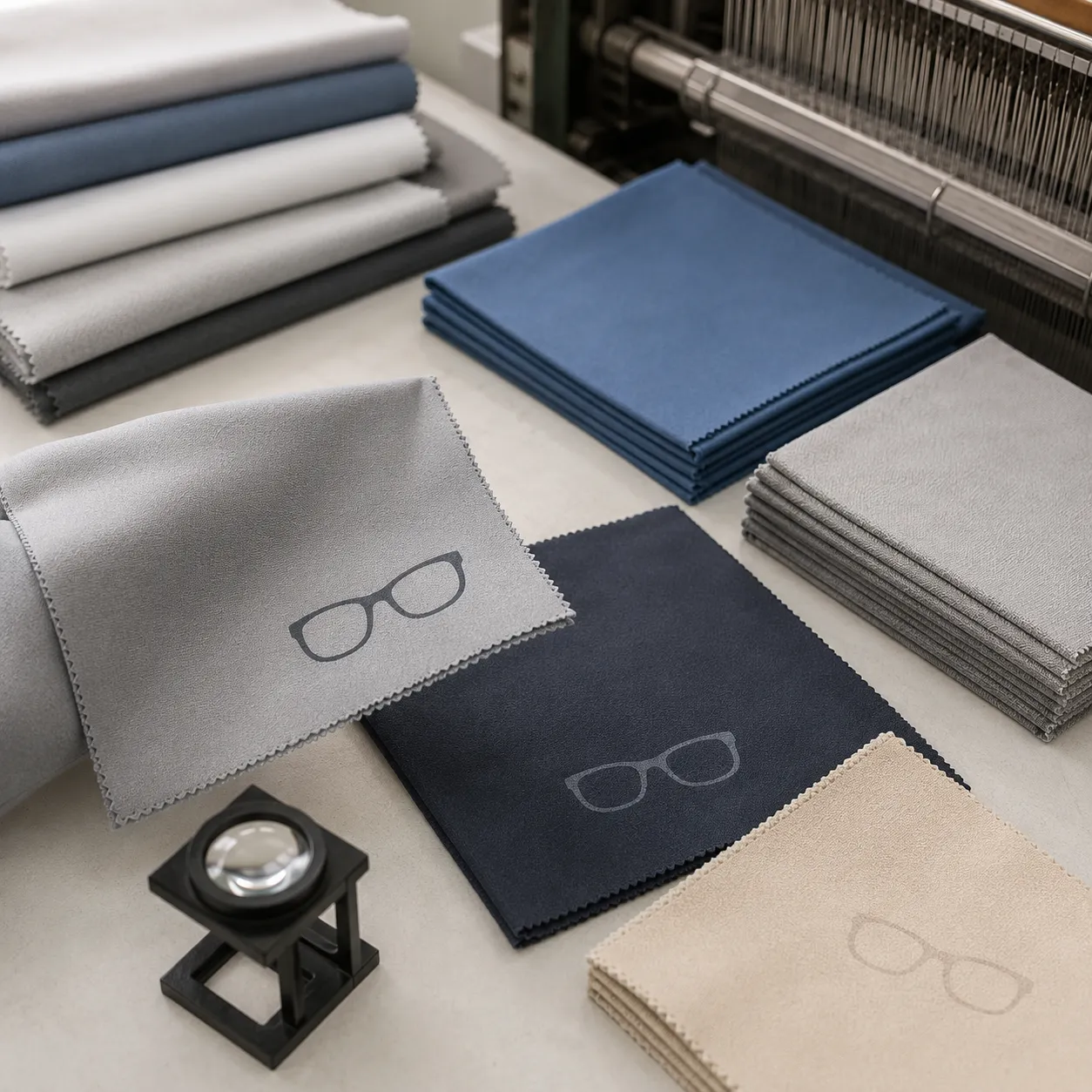 Custom microfiber cloths for glasses being checked for edge sealing and printed logo clarity