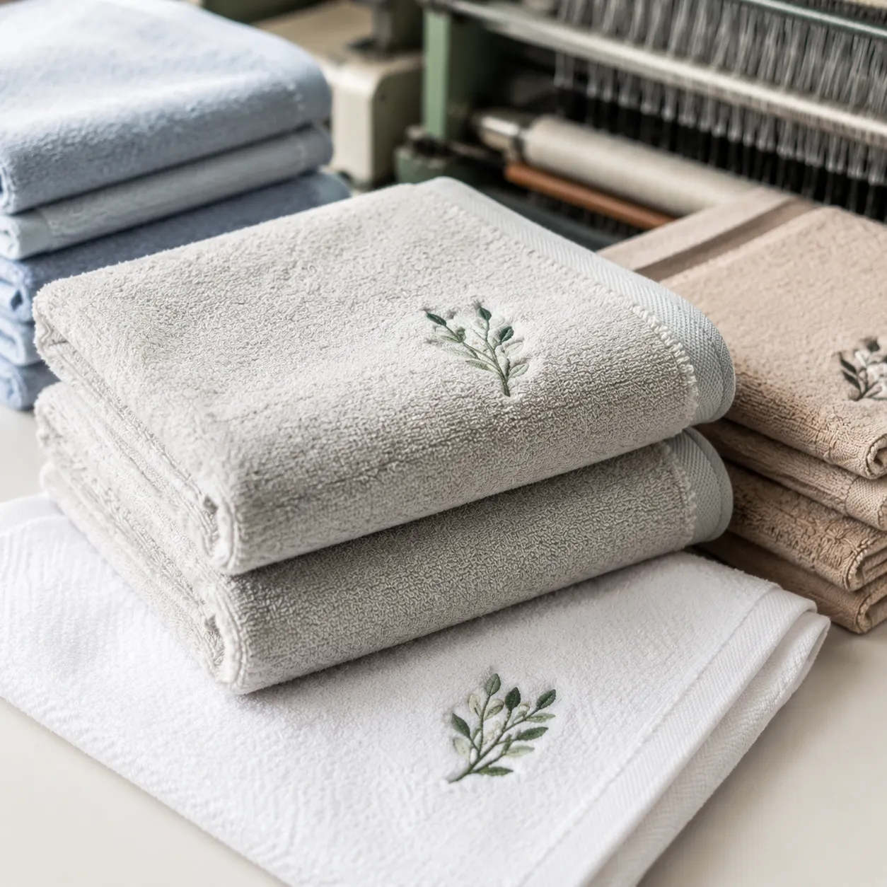 Personalized face towels with small embroidery being checked for softness and stitch placement