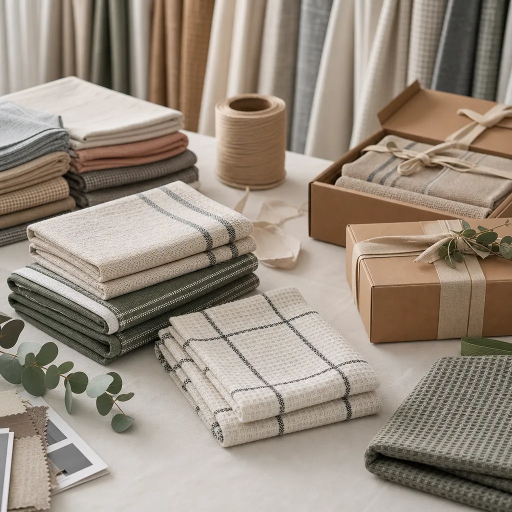 Factory inspection table for personalized kitchen gifts using custom dish towels and gift-ready packaging