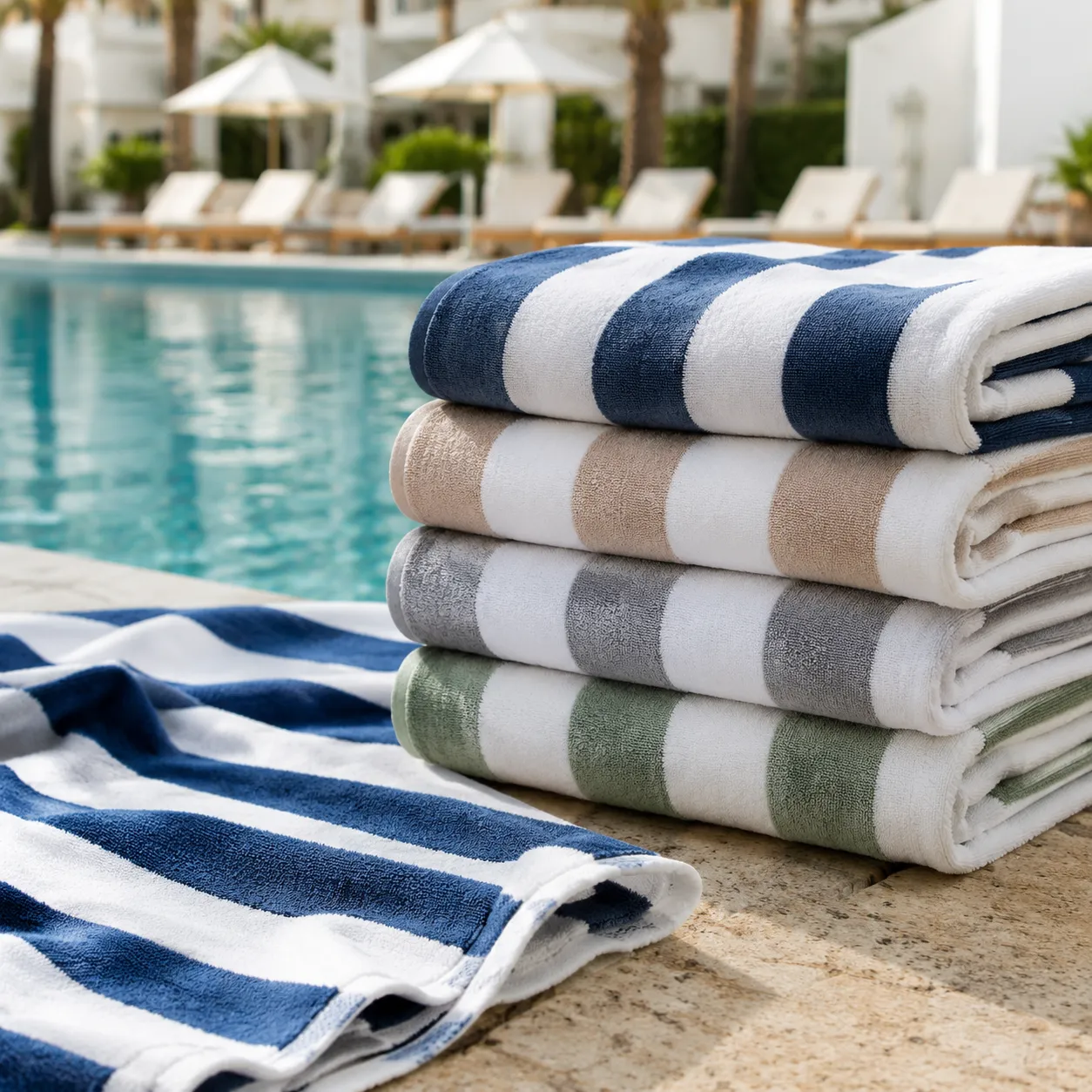 Resort pool towel bulk pricing model for striped cotton towels stacked beside a hotel pool