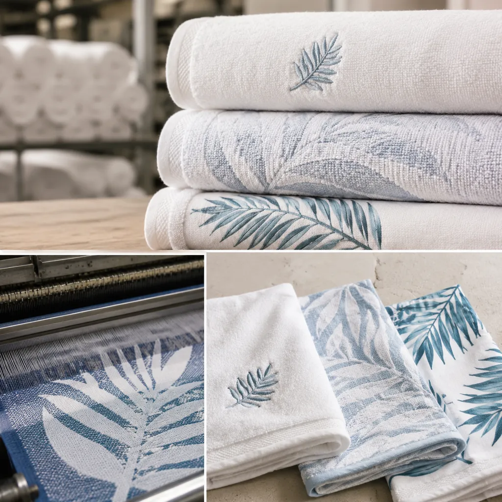 Resort pool towel logo decoration comparison showing embroidery, jacquard, and printed pool towels