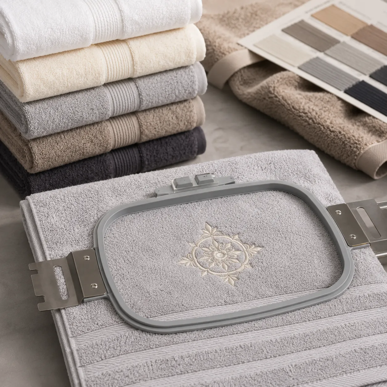 Embroidery frame checking decorative hand towels for powder room logo placement and terry pile control