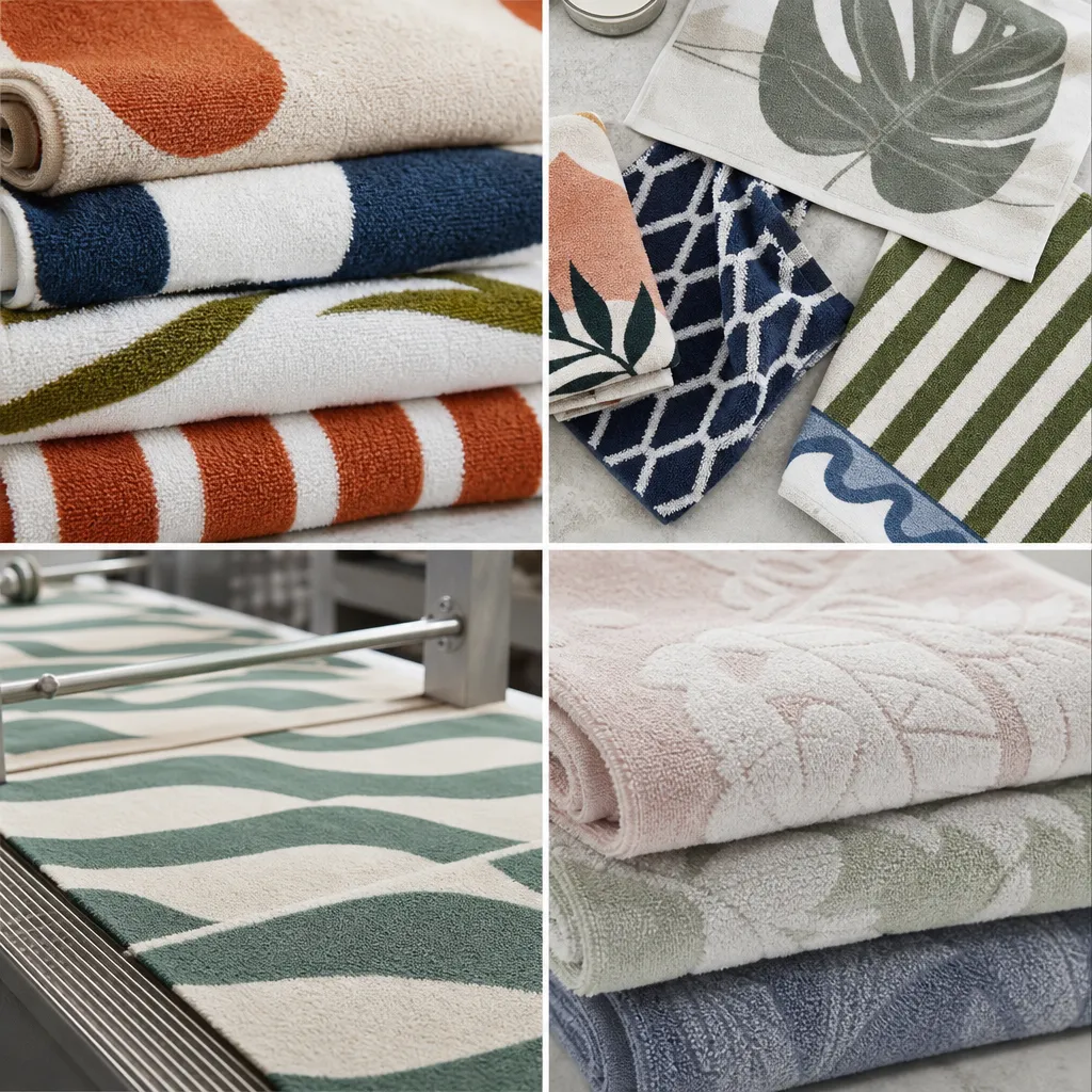 Factory review of custom printed towels showing print method, color density, and towel surface detail