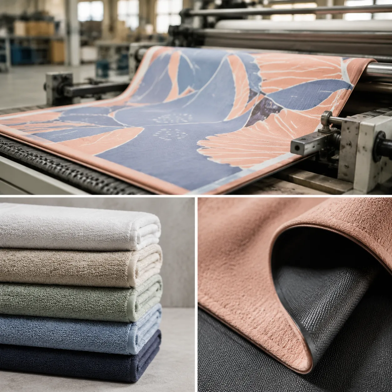 Factory inspection of custom printed yoga mats with microfiber towel surface and rubber backing