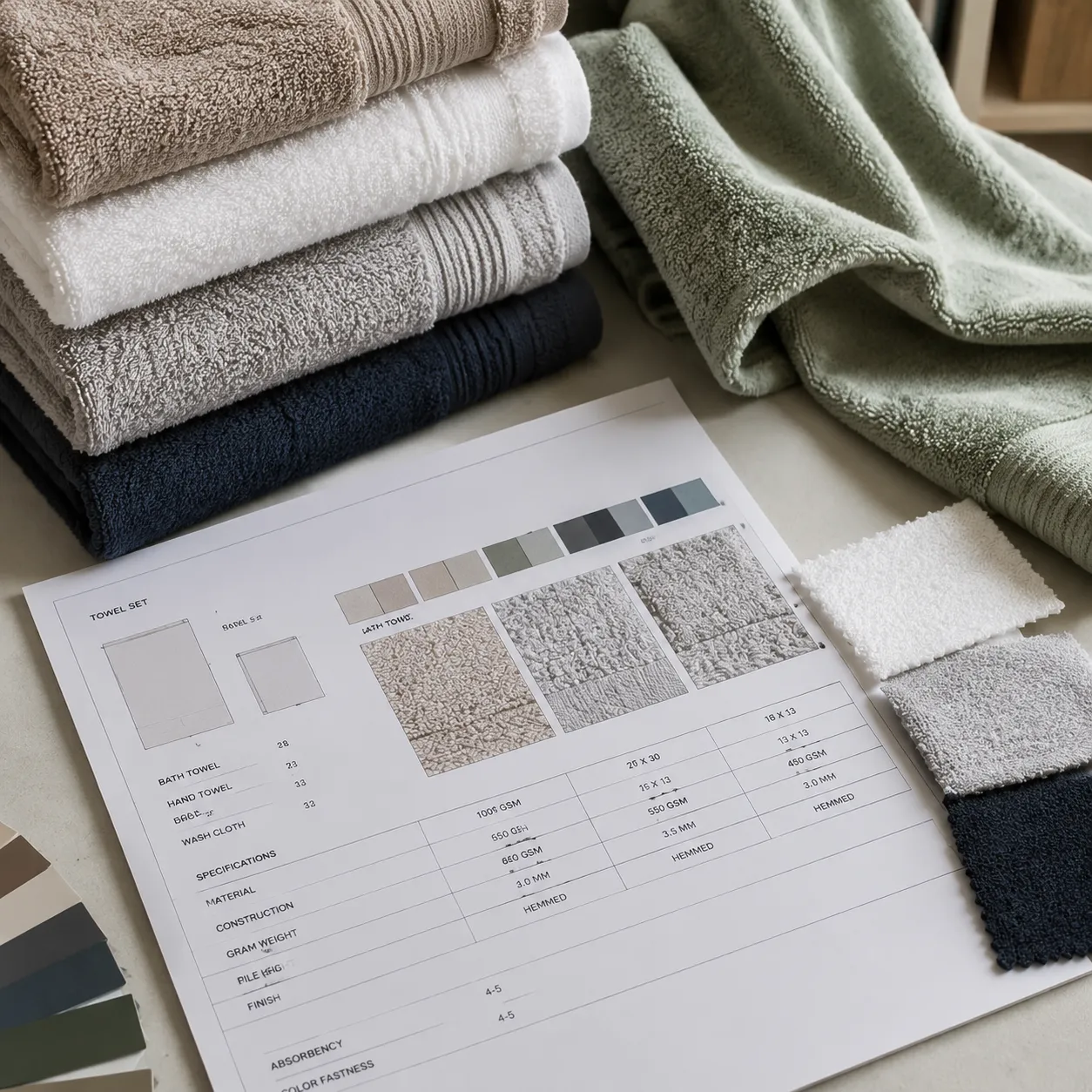 private label towel set buyer technical data sheet laid beside bath hand and washcloth samples
