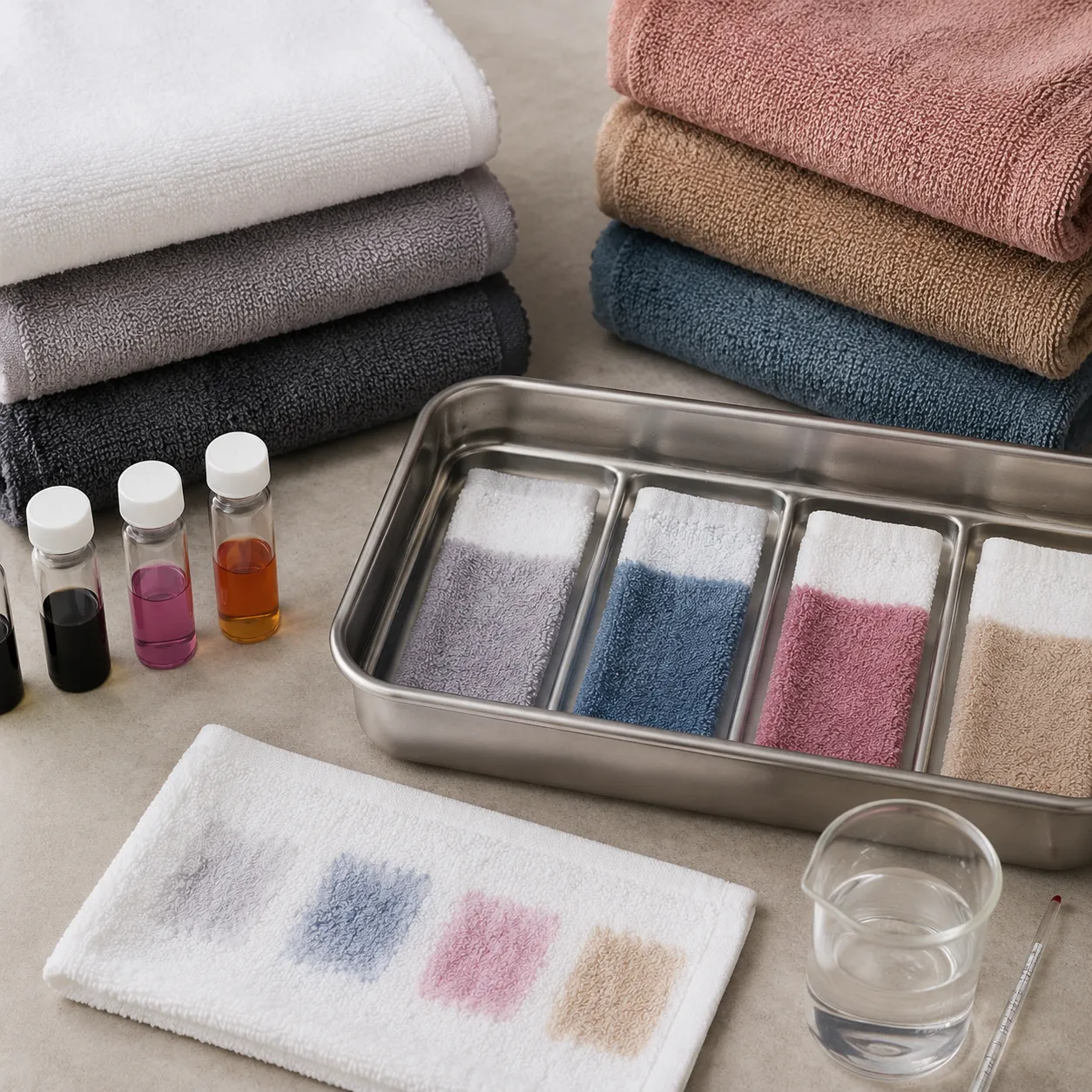 Private label towel set colorfastness test protocol checked on dyed towels in factory lab