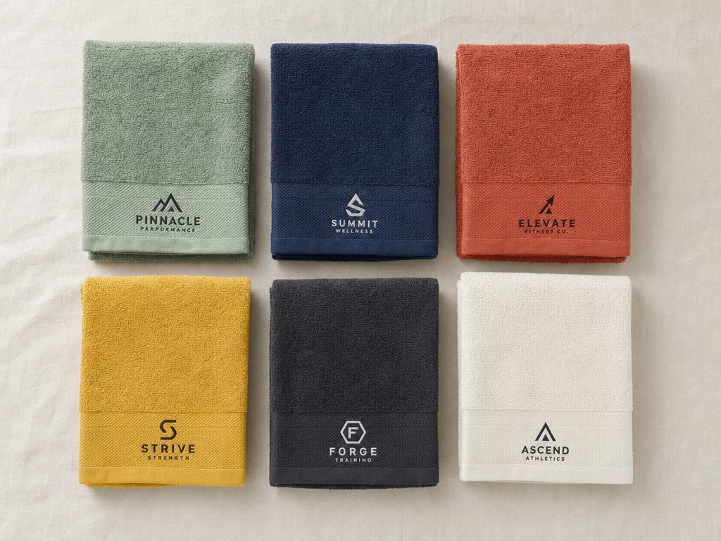 Six small custom-branded promotional gym towels in solid colors flat lay grid