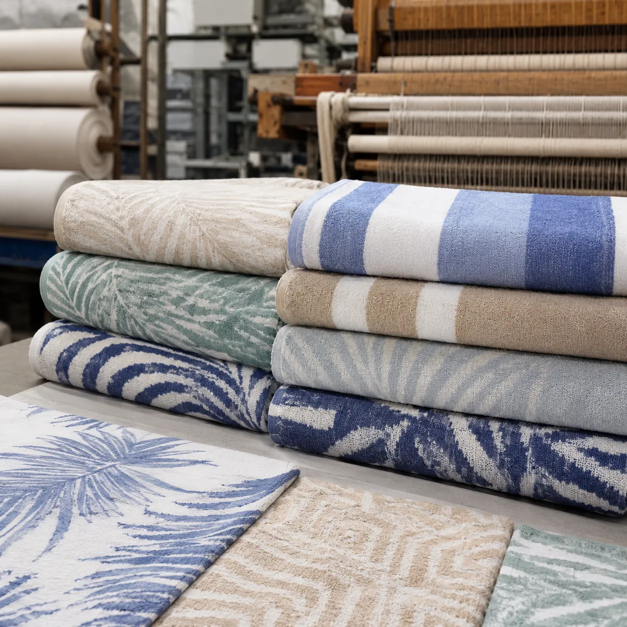 High-quality custom beach towels stacked for resort logo program inspection at the mill