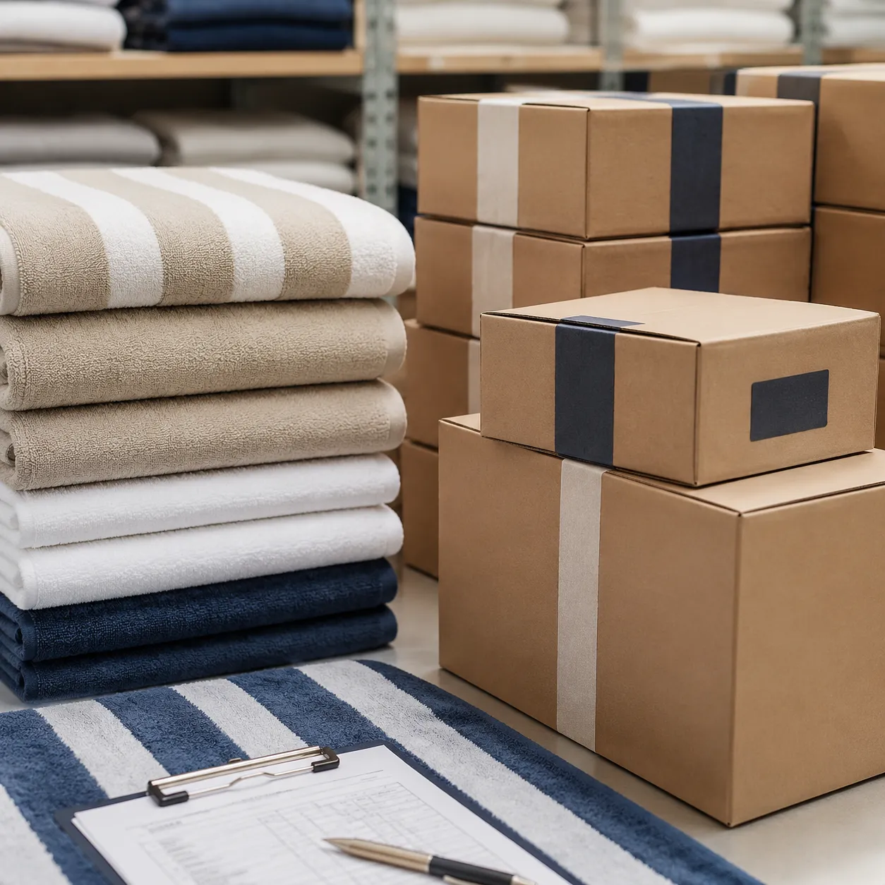Resort pool towel private label packaging plan inspection on packed branded towel cartons