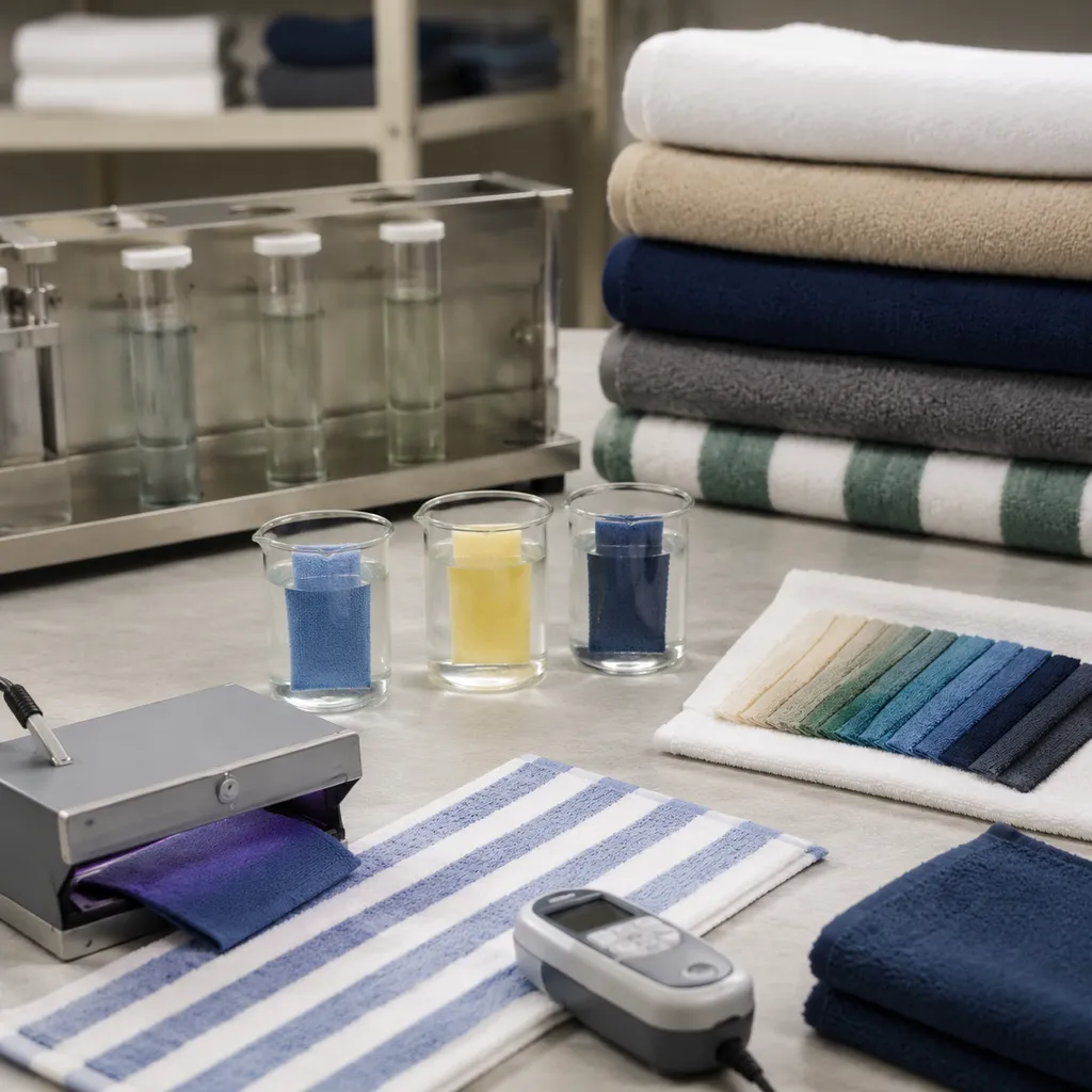 Resort pool towel colorfastness test protocol used for chlorine, UV, and wash testing in factory QC