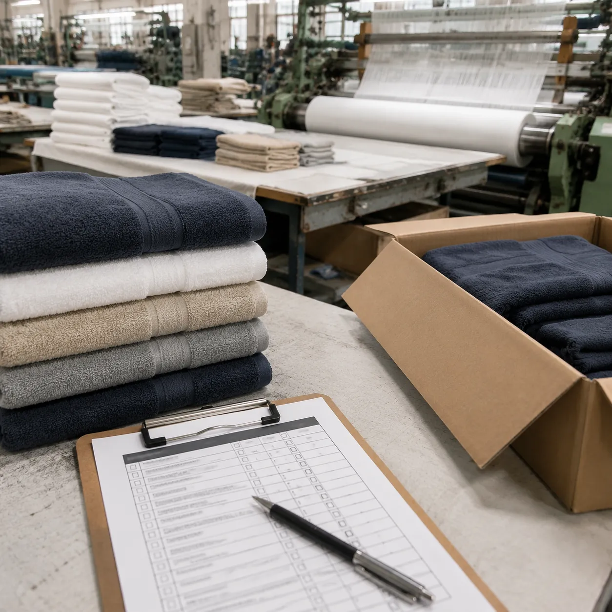 Resort pool towel factory audit checklist being reviewed beside cartons and inspection tables in a towel mill