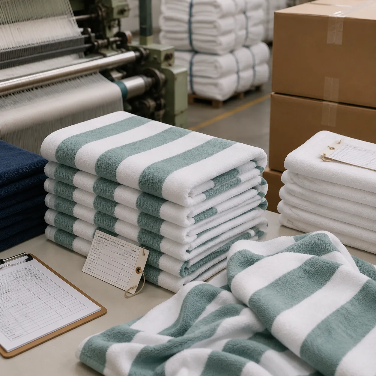 Resort pool towel qc inspection before shipment at the mill with cartons, bundles, and inspection tags