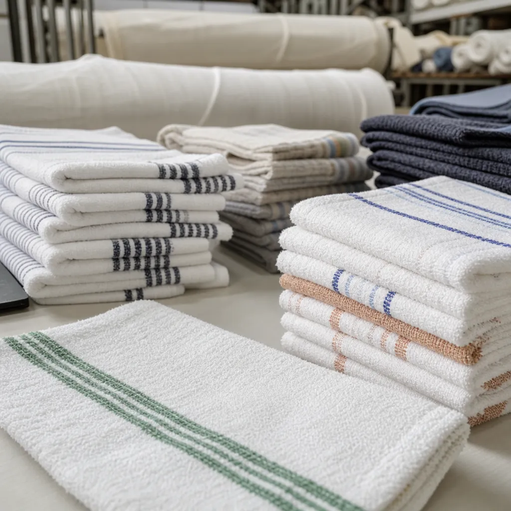 Bar mop towels inspected on a factory table for restaurant wholesale buyers before packing