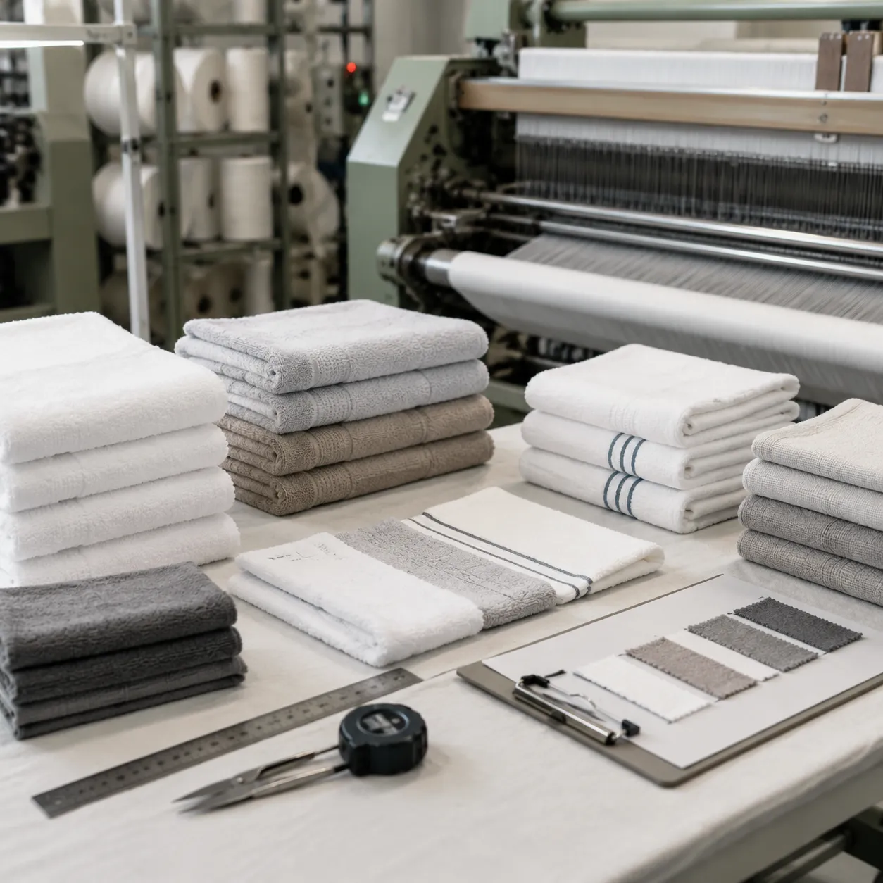 Factory QC team checking restaurant towel service packs for size, shade, and seam consistency