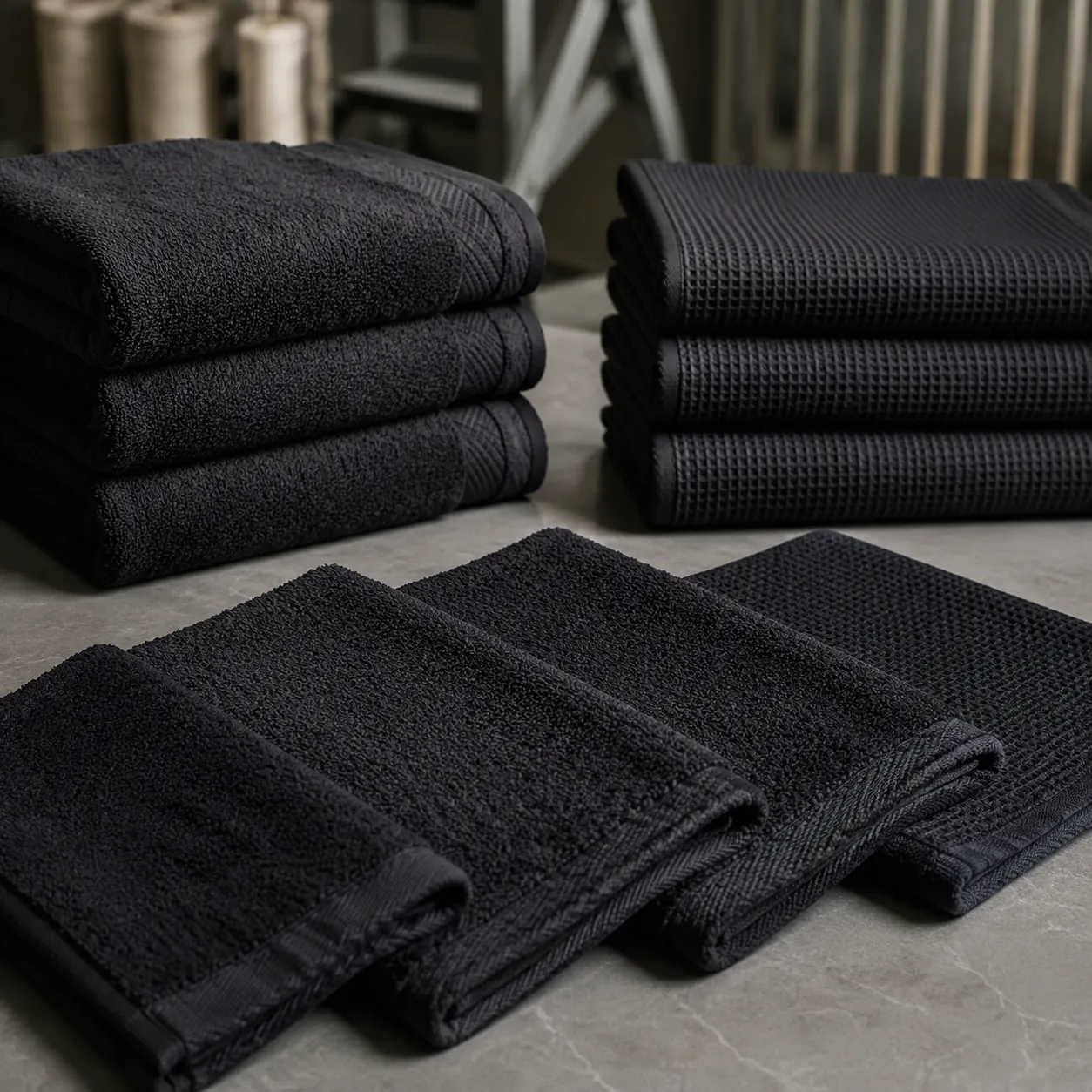 Folded black salon bleach resistant towel bulk pricing model samples after peroxide wash testing