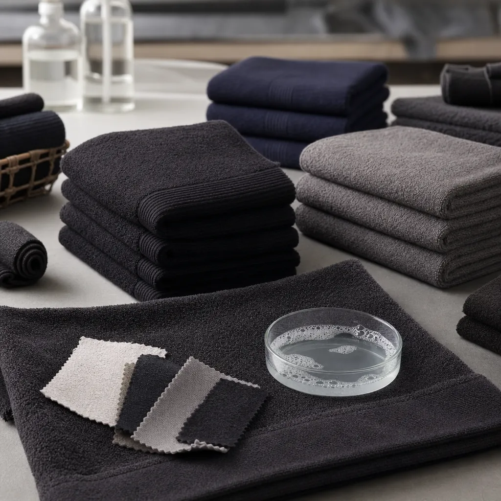 Folded salon towels bulk order in dark colors checked for bleach resistance and wash durability
